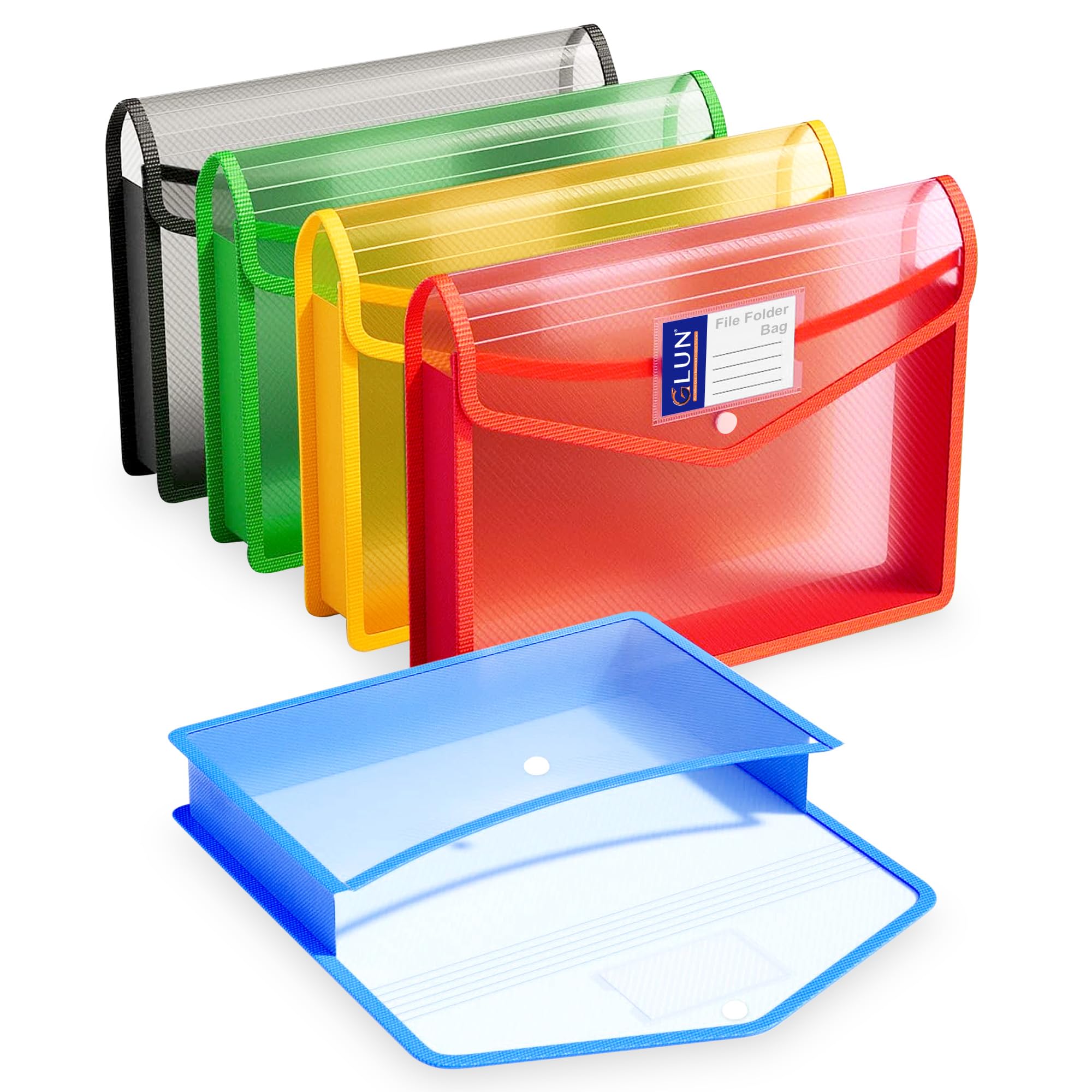 GLUN® Multicolour Pack of 5 File Folder Combo with Button Lock for A4 Size Documents Organiser, Folder for School, Home & Office