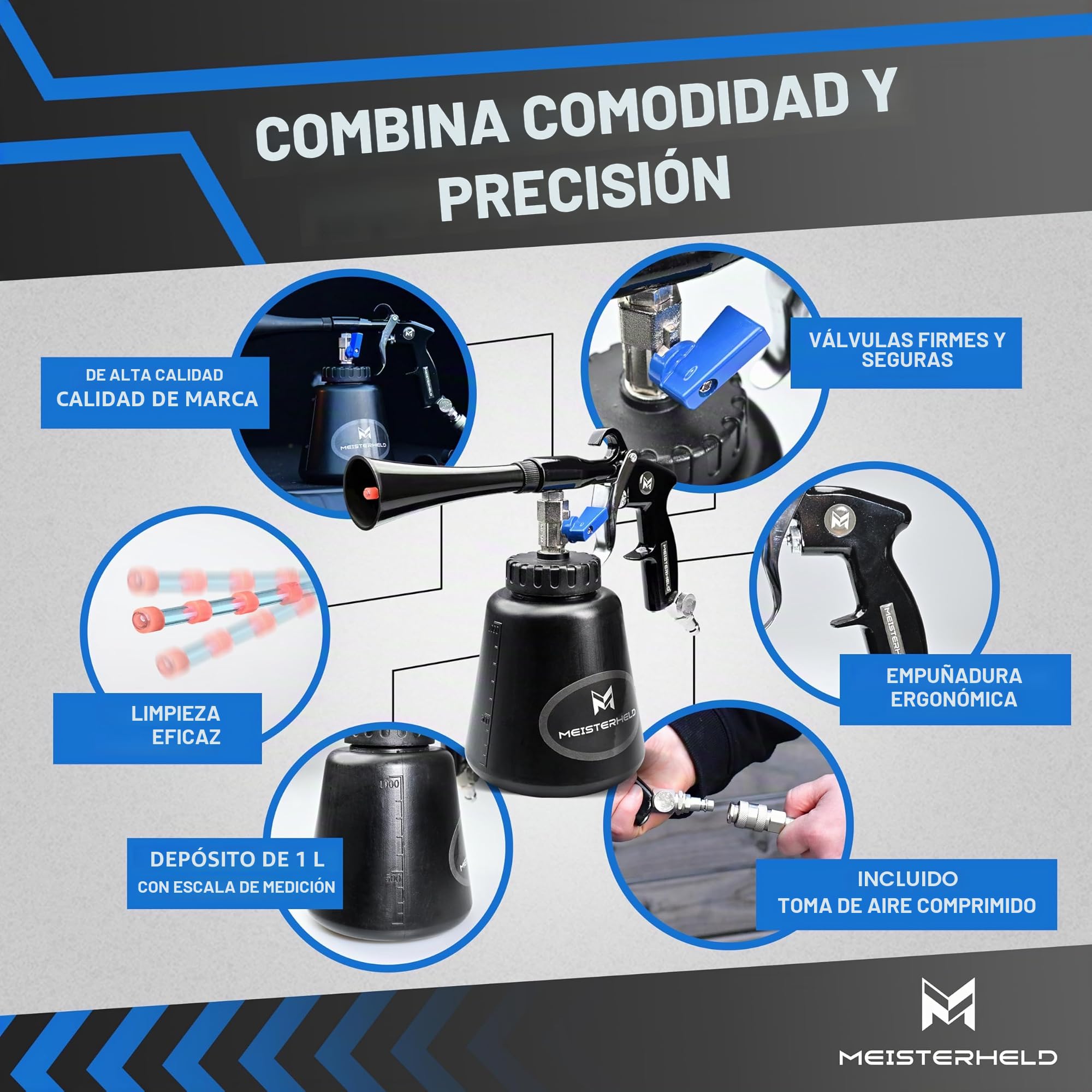 Pistola de limpieza de aire comprimido – Limpiador preciso en seco y húmedo para coche, alfombra y demás – Pistola de aire con depósito de agua, accesorio de cepillo y válvulas