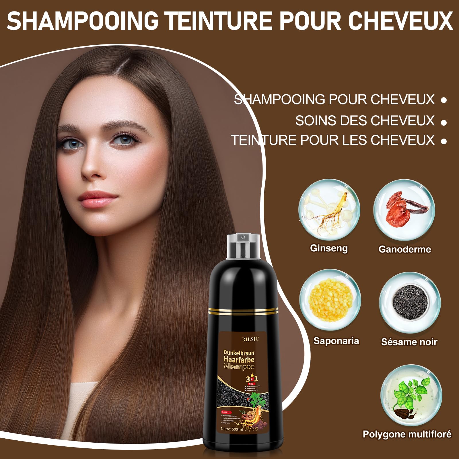 Shampoing Colorant Chatain Foncé, 500ml Shampooing Teinture Cheveux Blancs, Dark Brown Hair Dye Shampoo 3 in 1, Shampoing Cheveux Colorés Instantanée (Chatain Foncé)