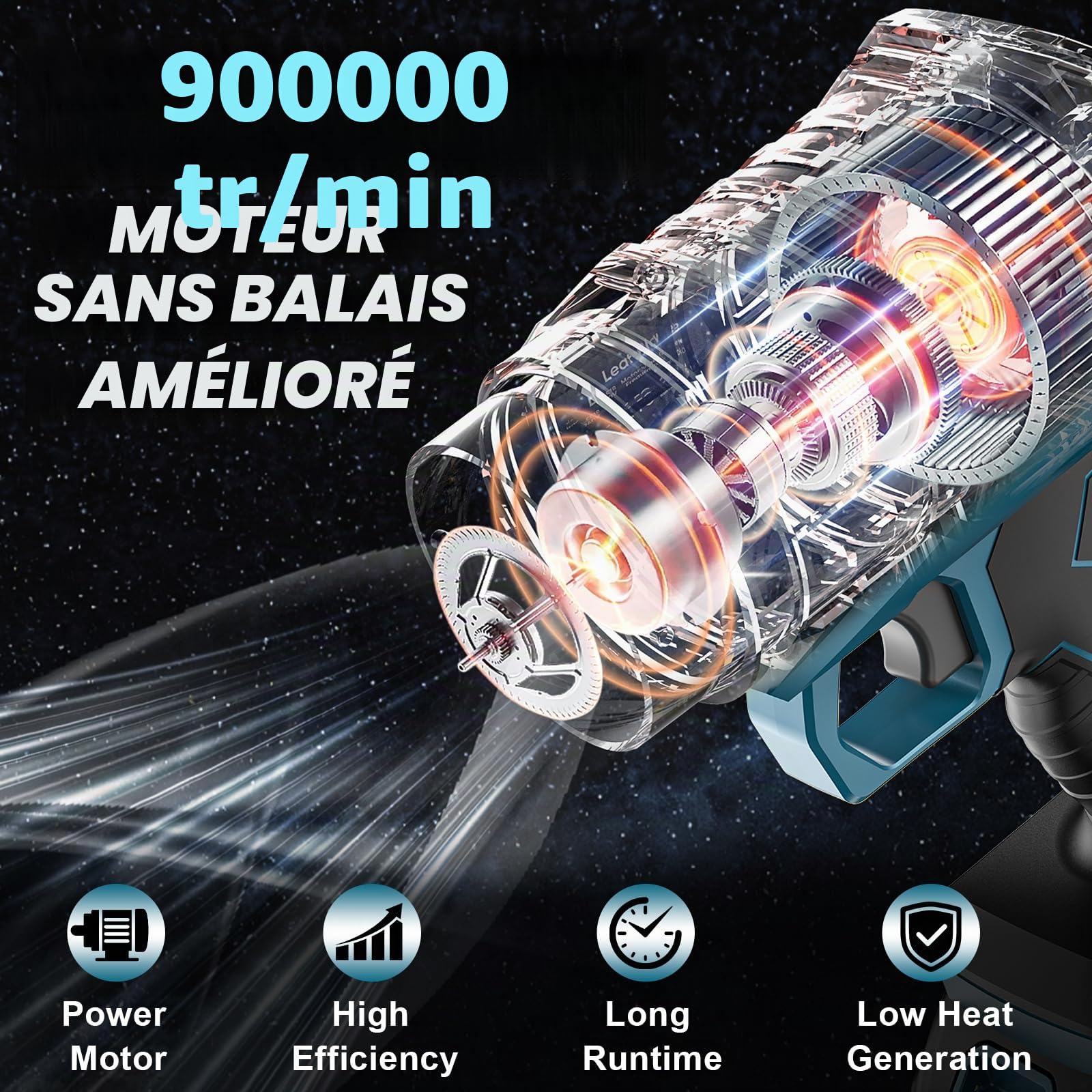 Souffleur de feuilles sans fil, moteur brushless avec 2x4.0Ah batteries, souffleur de feuilles, débit d'air 800m³/h, transmission à variation continue, 3 buses, 0,82 kg léger pour le jardin, les
