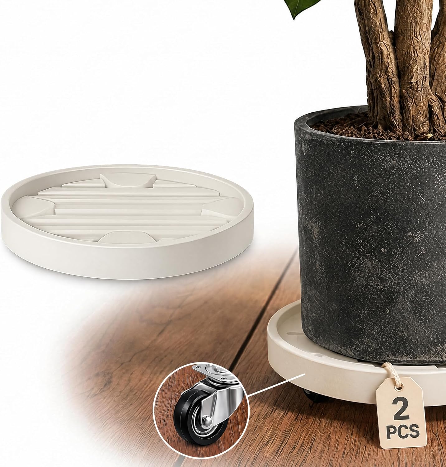 12Inch Plant Caddy with Hidden Wheels, Rolling Plants Stand with Wheel, 4 Invisible Casters, Indoor Plant Saucers on Wheels, Heavy Duty Wheeled Plant Dolly, Planter Roller Base, Beige, 2Pack