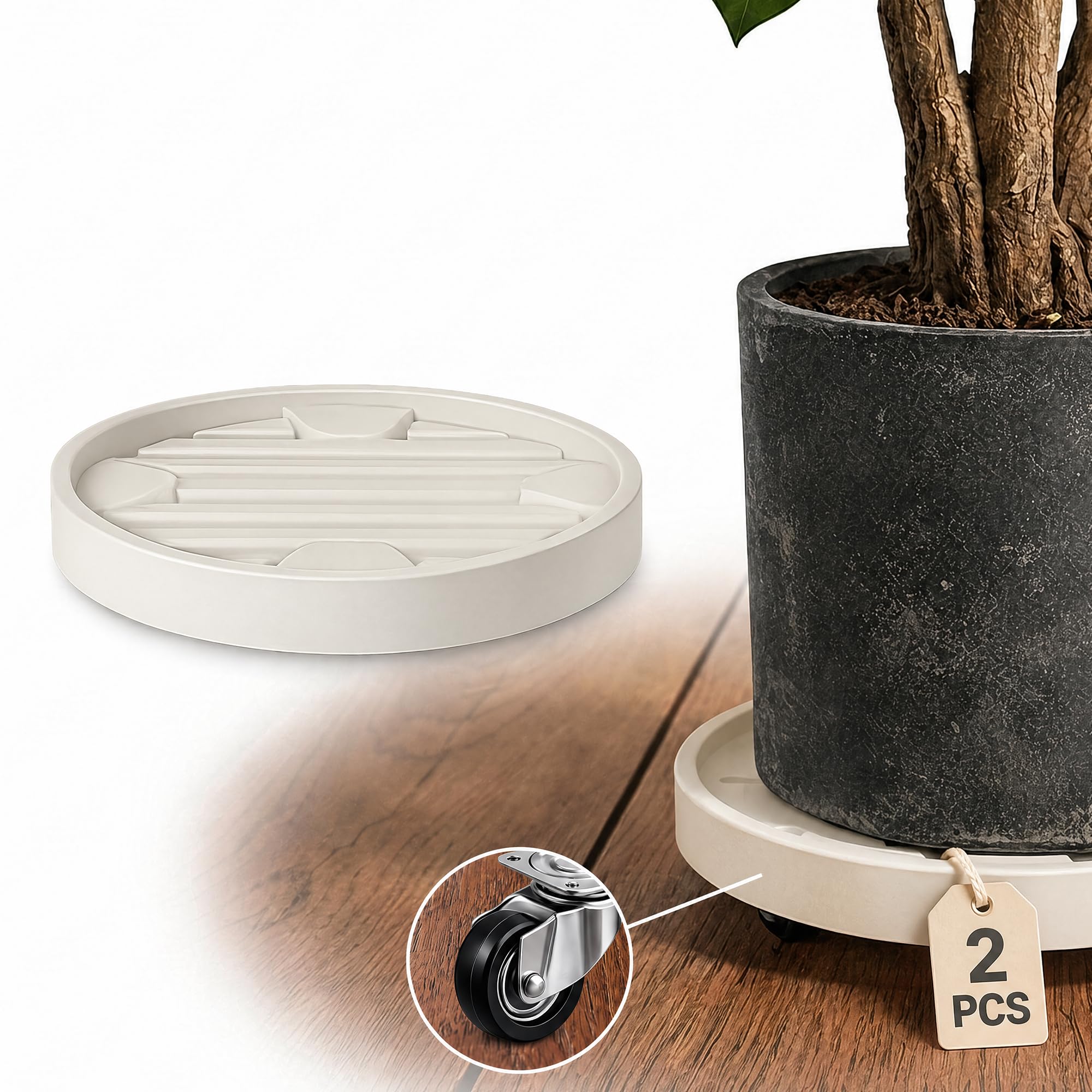 Lot de 2 paniers à roulettes cachés de 30 cm, 4 traiteurs invisibles, support de plantes, chariot de jardinière, base à roulettes, palette de plantes d'intérieur, beige