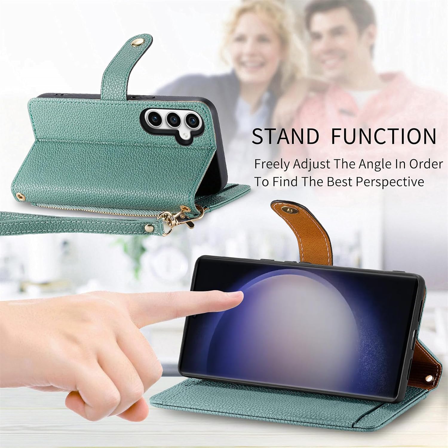 Wallet Case for Samsung Galaxy A17 5G/4G Zipper Pocket Purse with Shoulder Wrist Strap, PU Leather Stand Flip Folio Card Holder Accessories Cell Phone Cover for A 17 17A Women Girls Green