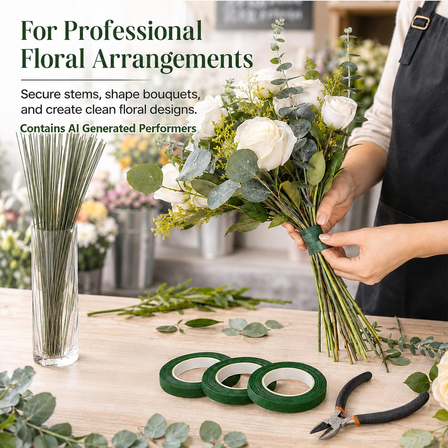 RAINFLOW Mother's Day Floral Arrangement Kit - Floral Tape & Floral Wire Set with Boutonniere Pins & Cutter, Includes 22 Gauge & 26 Gauge Wire for Bouquet & Wreath Making