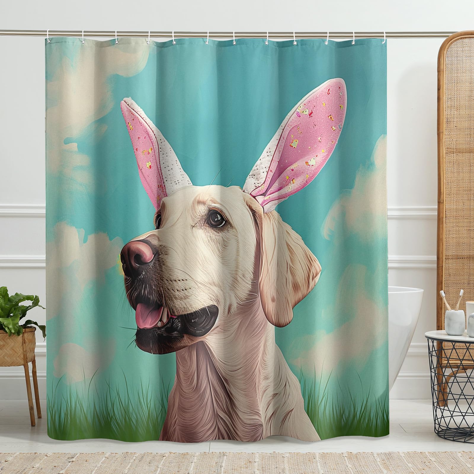 Happy Easter Shower Curtain - Kawaii Farmhouse Rabbit & Eggs Design, Waterproof Polyester, 72x84 Inch - View #2