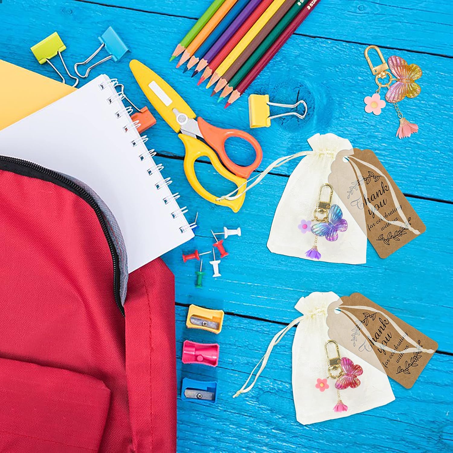 BANBALLON 12 Sets Butterfly Party Favors Keychain with Thank You Kraft Tags for Girls Butterfly Theme Birthday Party Baby Shower Favors Goodie Bag