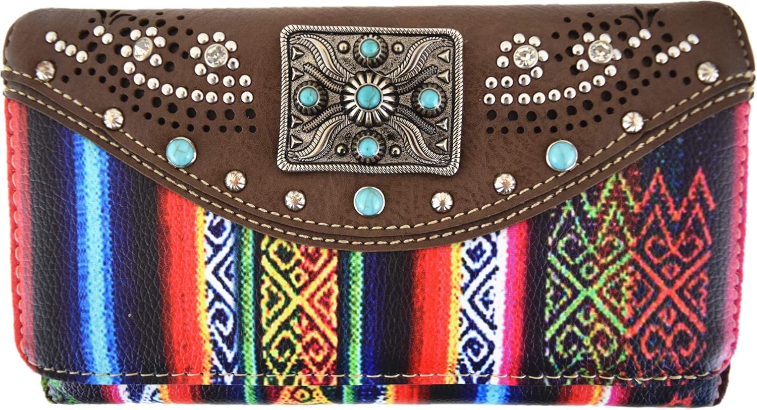 Western Style Native Rhinestone Women CrossBody Blocking Wristlet Wallet