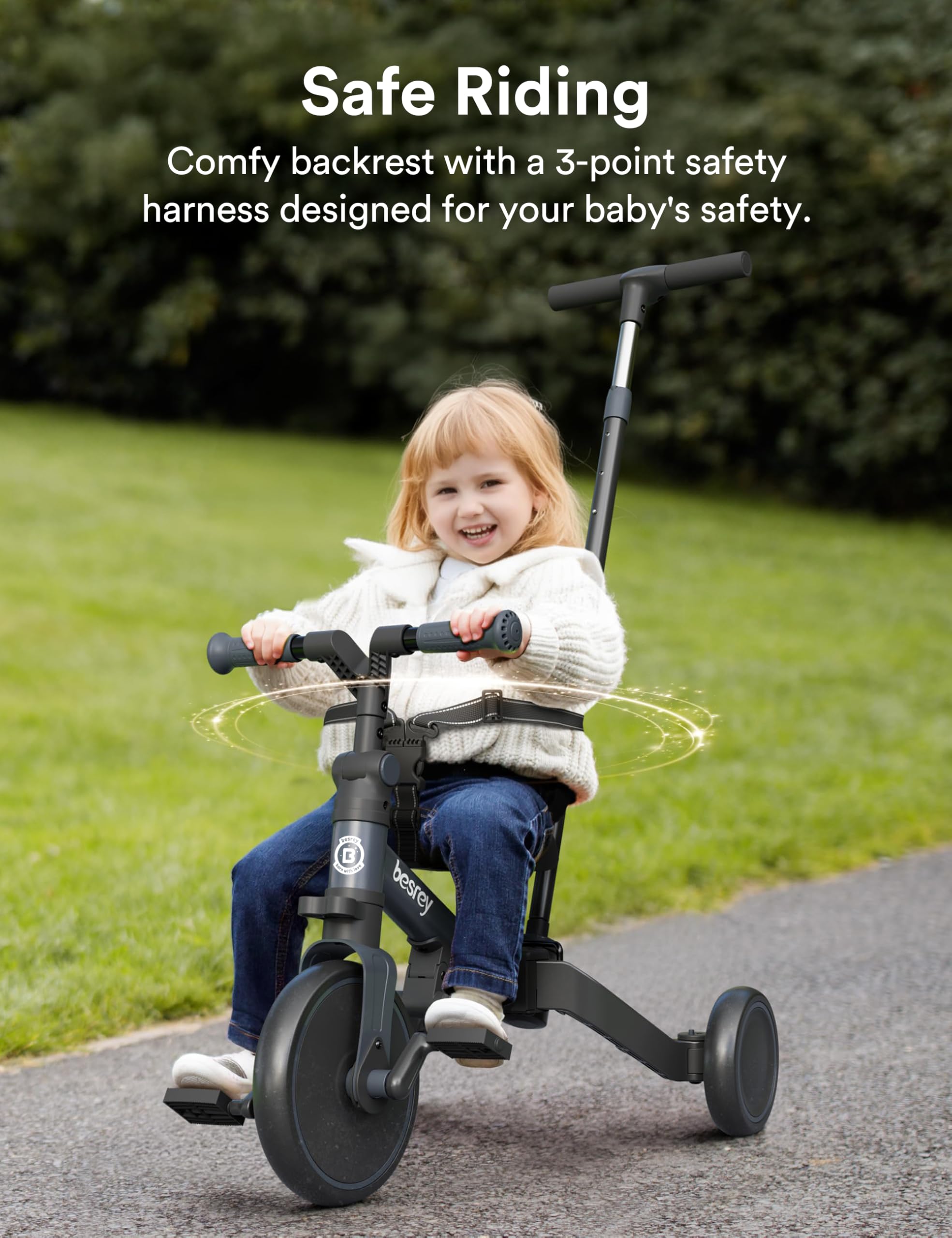 besrey Bicicleta para niños pequeños con manija de Control Parental para niñas y niños de 1 a 3 años, Triciclo para niños, Triciclo para niños pequeños con Pedal extraíble, Asiento Ajustable