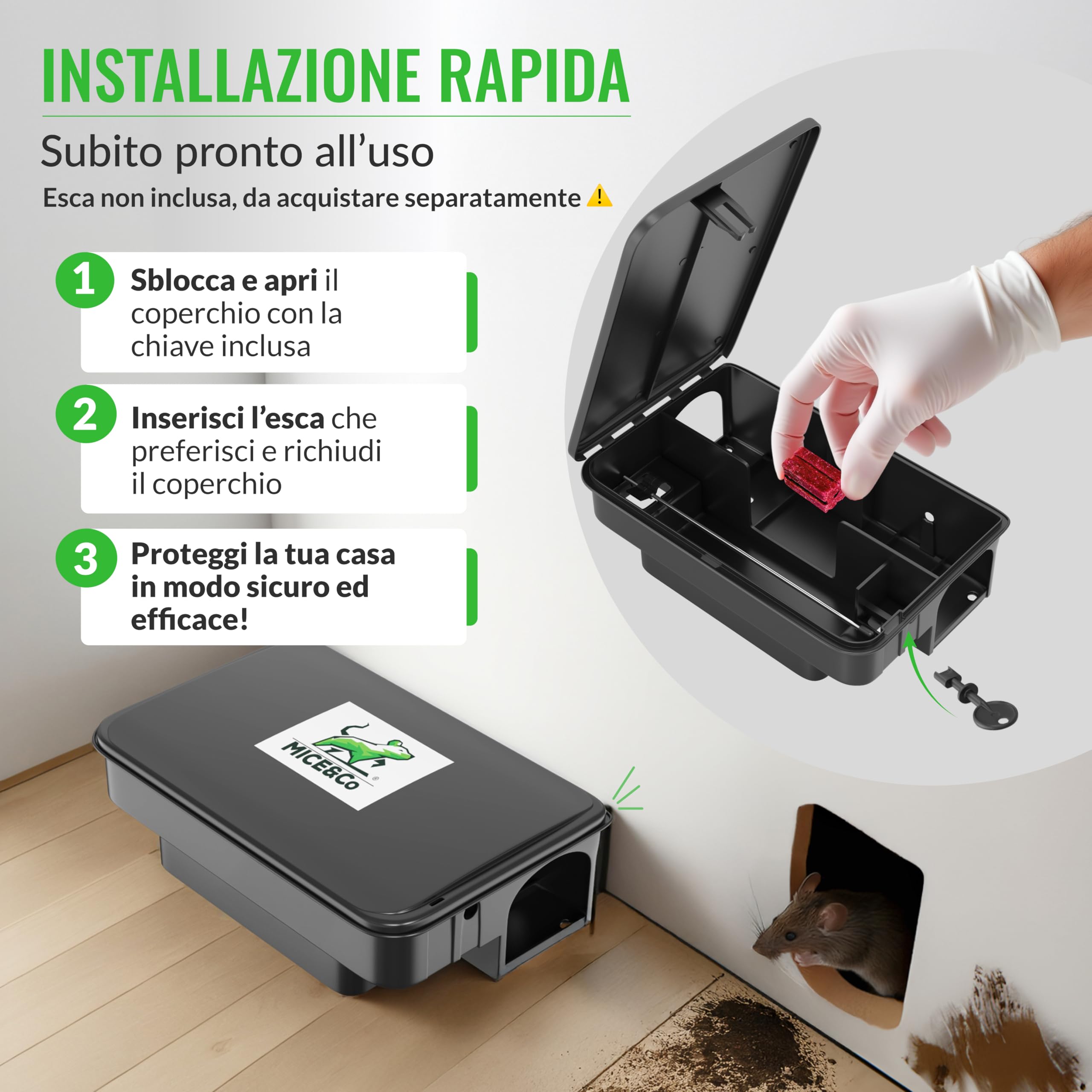 Mice&Co 4X Trappole per Ratti e Topi Professionali e Efficaci – Scatola per Esche Topicida Anti-manomissione – Stazione di Esca Sicura per Bambini e Animali – Interno/Esterno