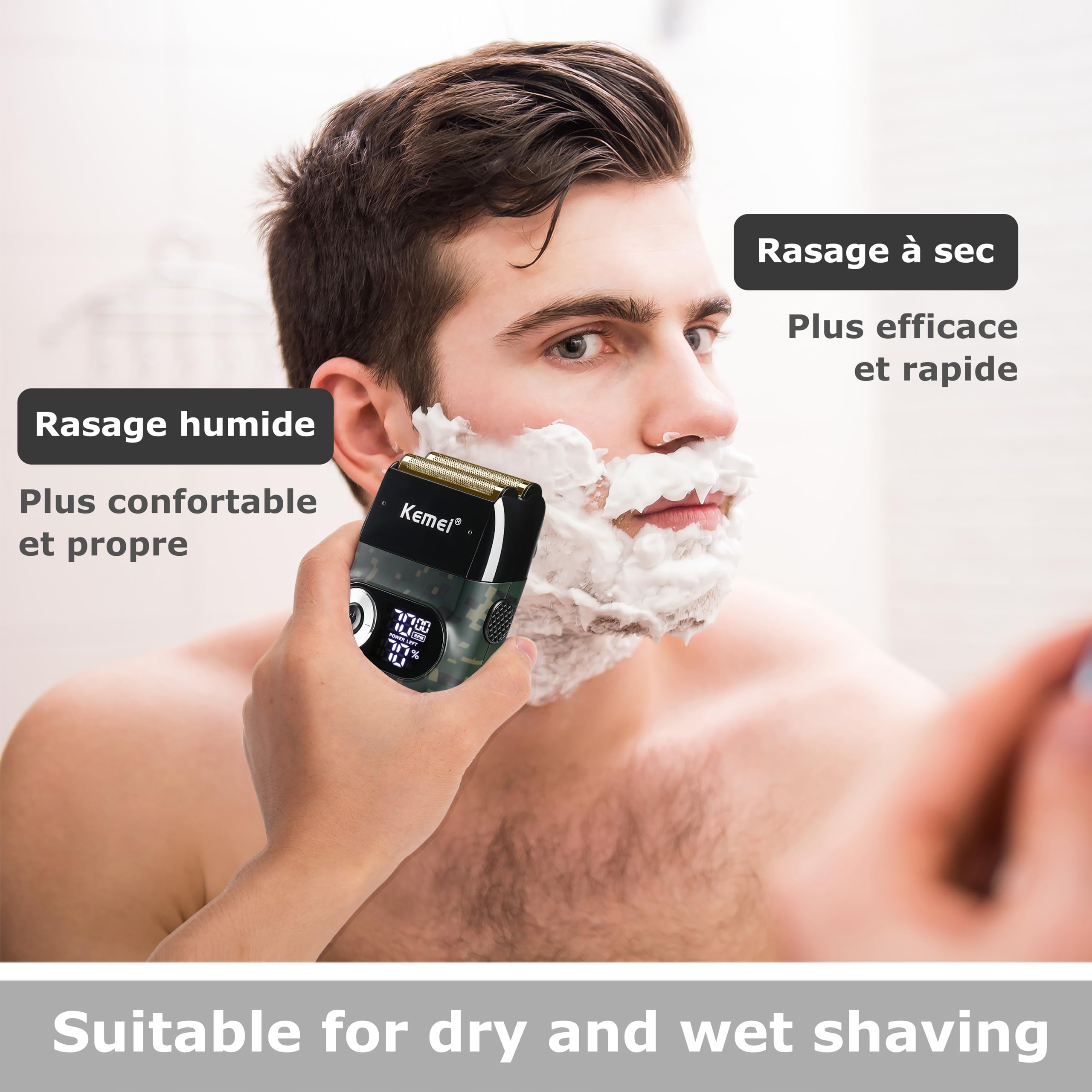KEMEI Rasoir à grille pour homme Rasoir électrique pour tête chauve Shaver Homme sans fil avec affichage LED Cadeau pour la fête des pères