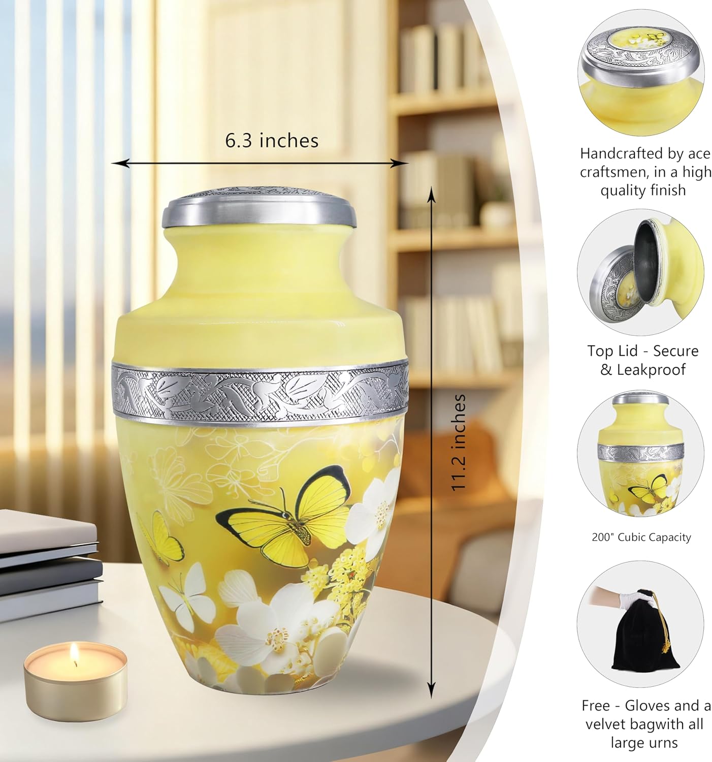 M MEILINXU Urn for Ashes for Woman & Man, Cremation Urns for Human Ashes Adult Female or Male, Burial Urn with Butterflies, Decorative Urns for Funeral, Yellow Butterfly and Flowers - Large