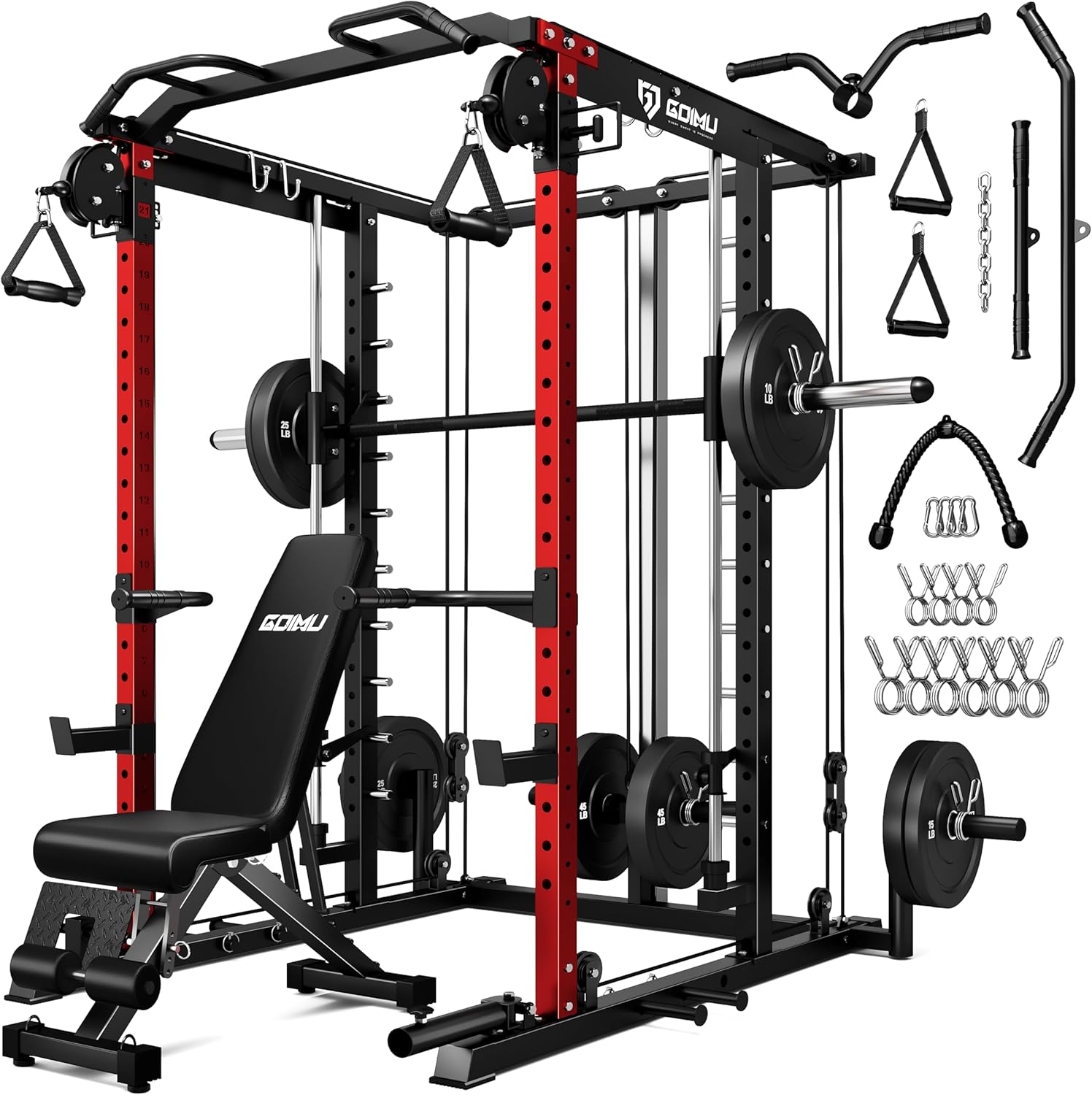 S1-V4 Smith Machine, 2000LBS Power Cage with Cable Crossover System, All-in-One Squat Rack with Smith Bar, Strength Training Equipment for Hone Gym (Red Smith Machine wiht 220lb Weights)
