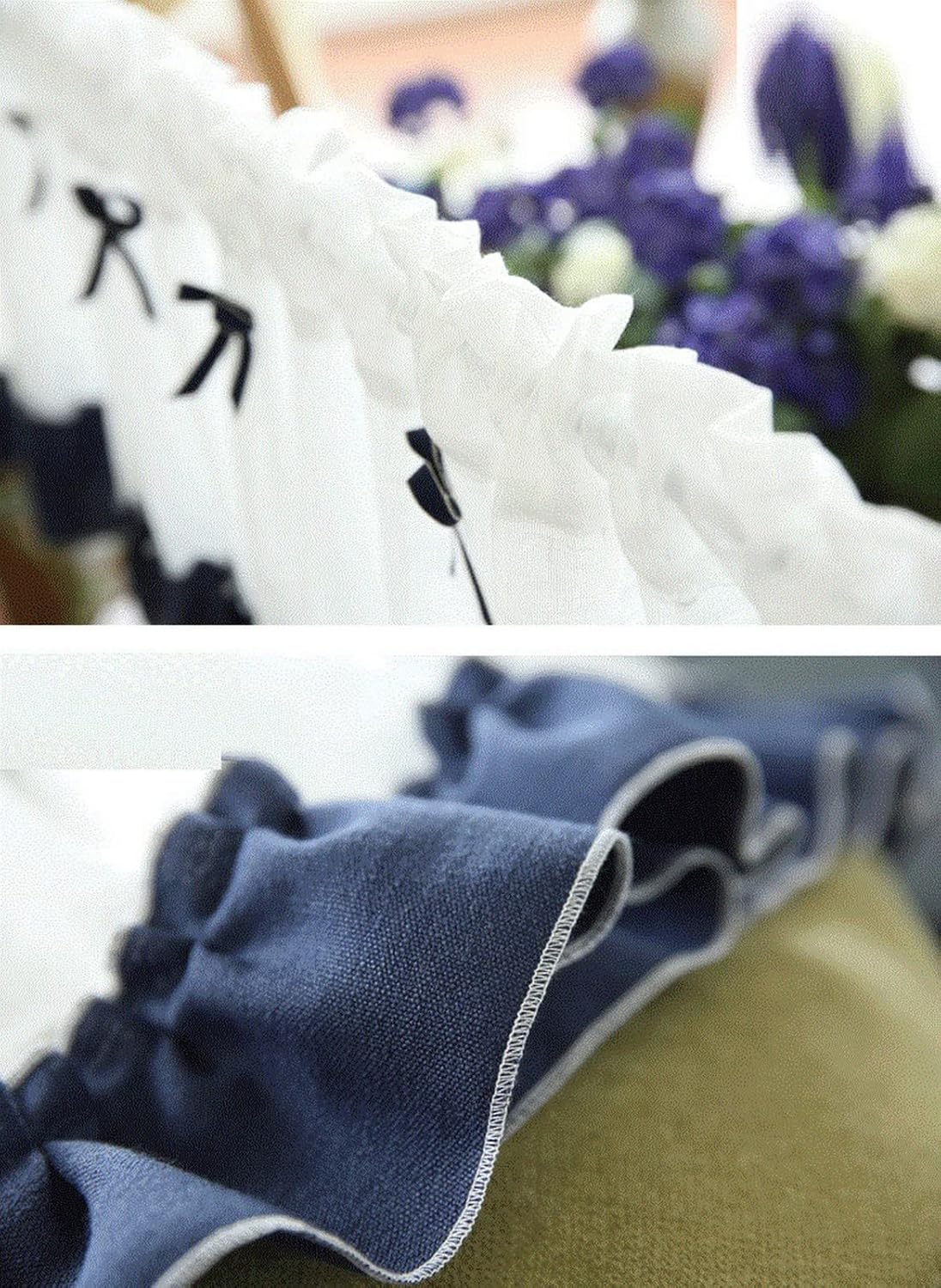 Short Curtain Transparent Sheer Voile Curtain with Navy Blue Ruffles Bow Window Treatment Valance Panel Drapes Half Curtain for Kitchen Café Bedroom Cabinet Curtain Door Curtain
