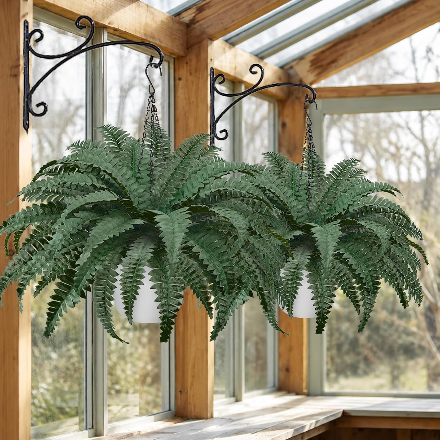 2Pack Artificial Boston Fern Fake Hanging Ferns Plants 23.6'' UV Resistant Faux Ferns in Pots 50 Leaves Artificial Fern Hanging Baskets Faux Potted Plant for Outside Porch Patio Home Garden Decor