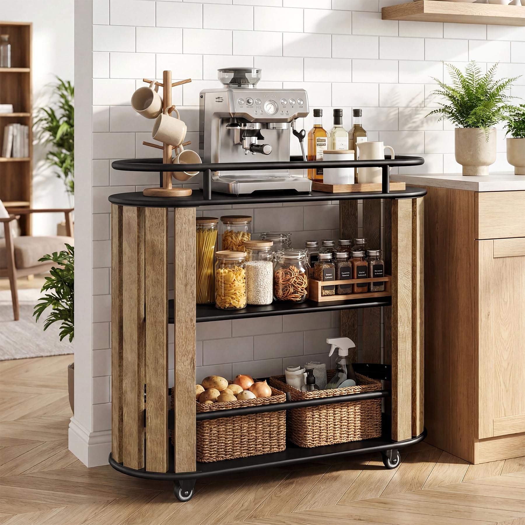 Tribesigns Carrello da Cucina con Ruote, Carrello Bar a 3 Ripiani in Stile Industriale, Carrello Portavivande, Carrello di Servizio per Cucina, Sala da Pranzo e Soggiorno, Marrone Rustico