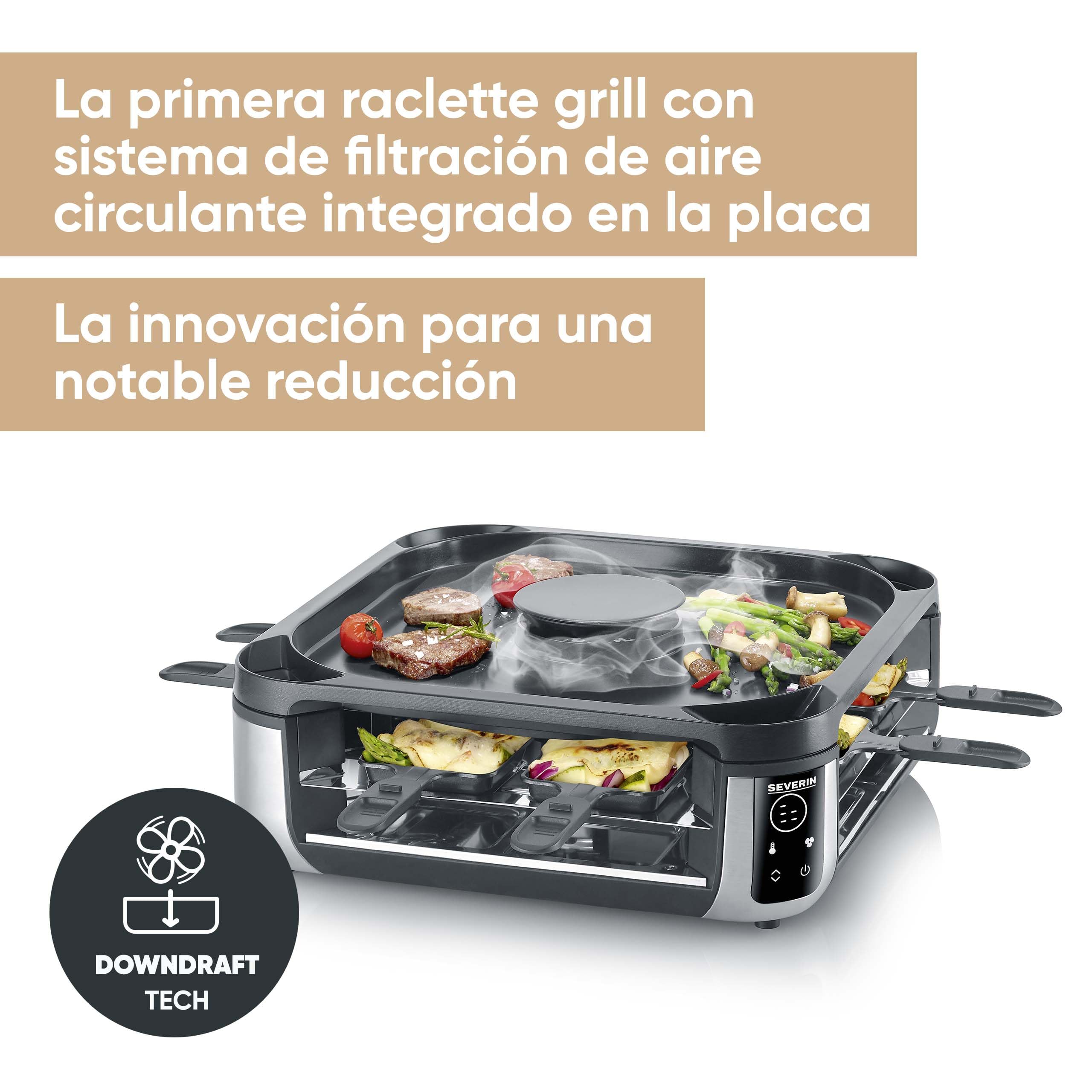 SEVERIN Raclette Grill Digital con Filtro de Aire Circulante, Parrilla Eléctrica para 8 Personas, Placa y Sartenes Aptas para Lavavajillas, Control de Temperatura Digital RG 2350