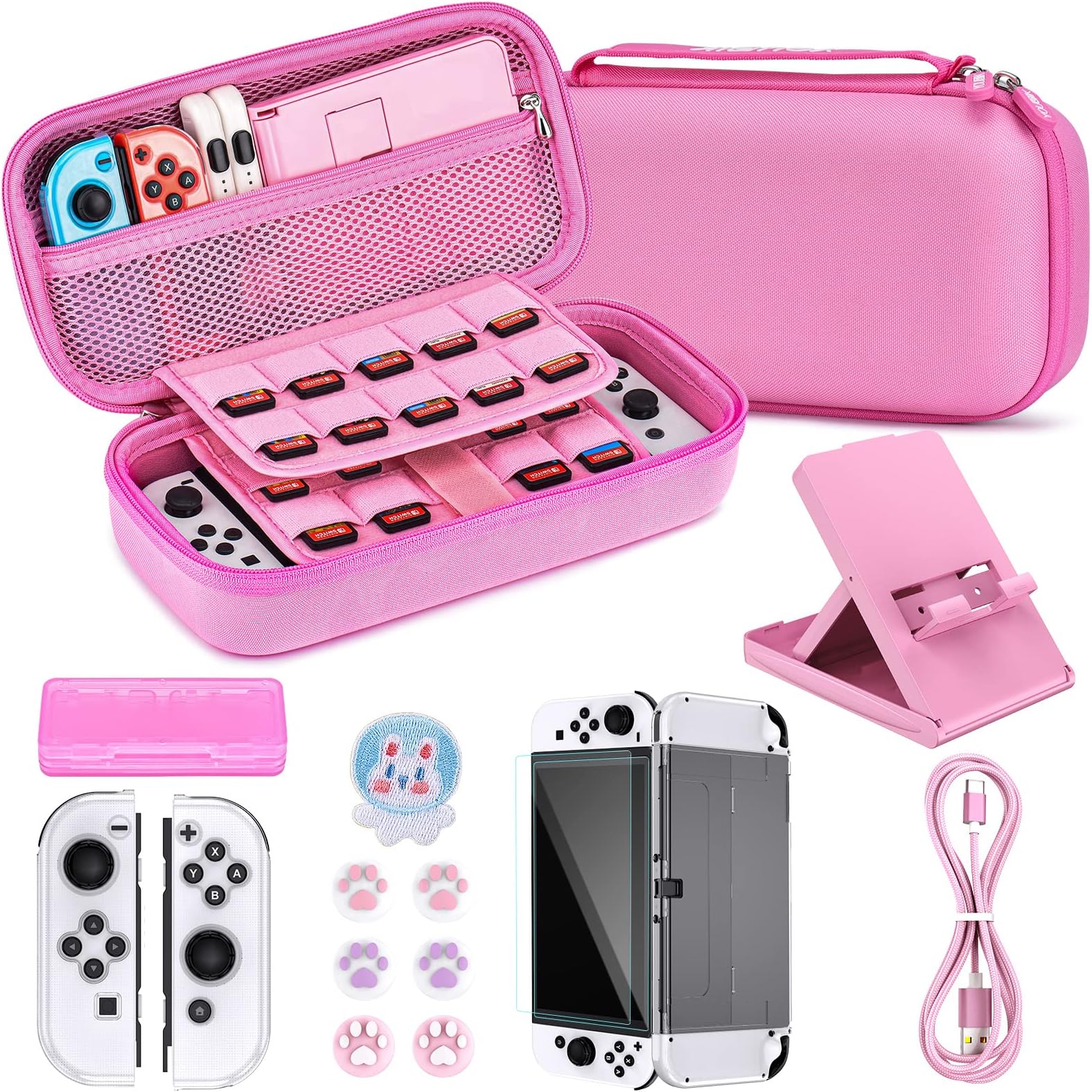 Younik Switch OLED Accessories Bundle, 16 in 1 Accessories Kit Includes Switch OLED Carrying Case, Protective Case Cover for Console & J-Con, Screen Protector, Adjustable Stand, Switch Game Case(Pink
