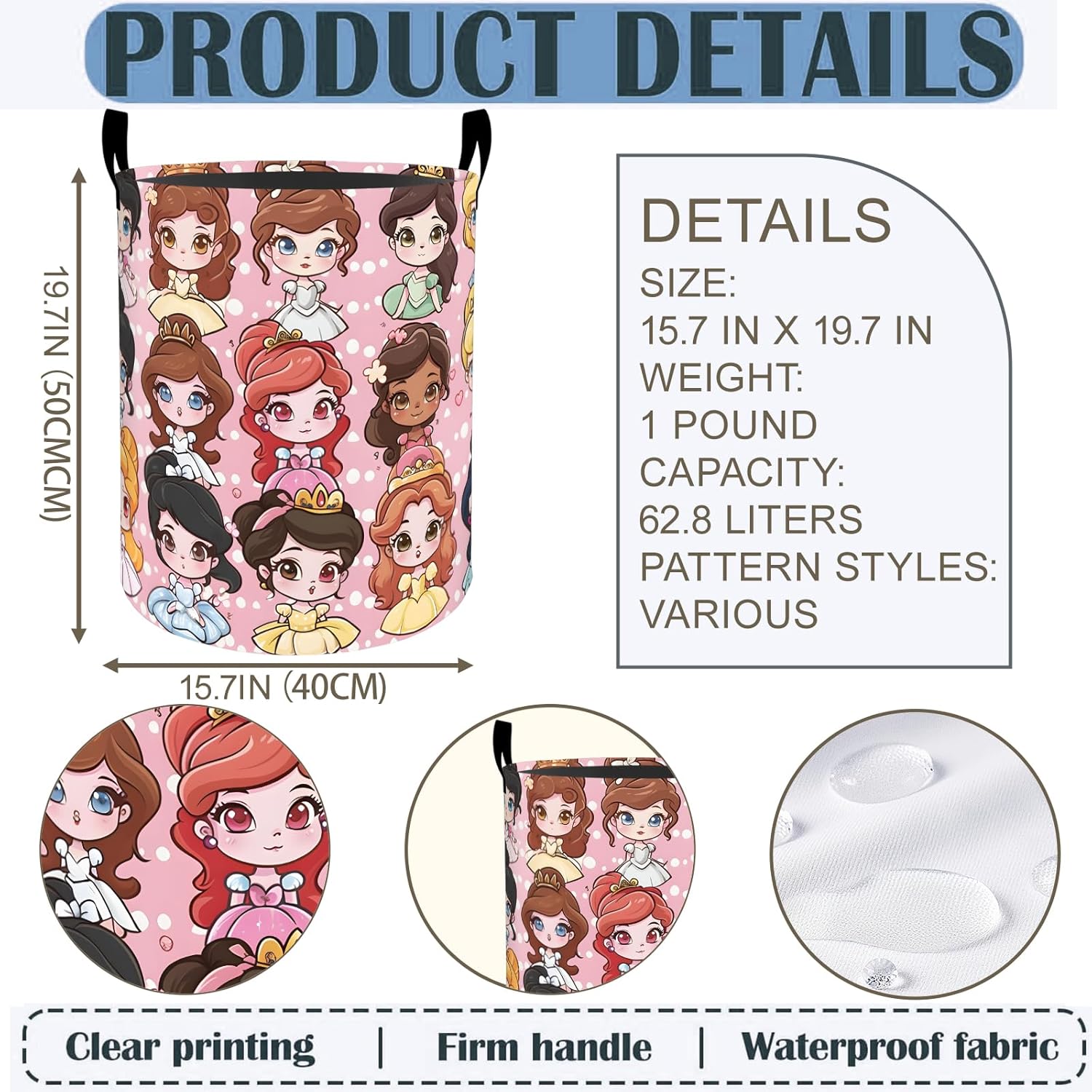 Princess Laundry Basket Hamper 19.7"x15.8", Cute Cartoon Foldable Waterproof Oxford Clothes Storage Bucket for Room Bathroom Bedroom Nursery Decor, Toy Organizer Bins Gifts for Kids Boys Girls