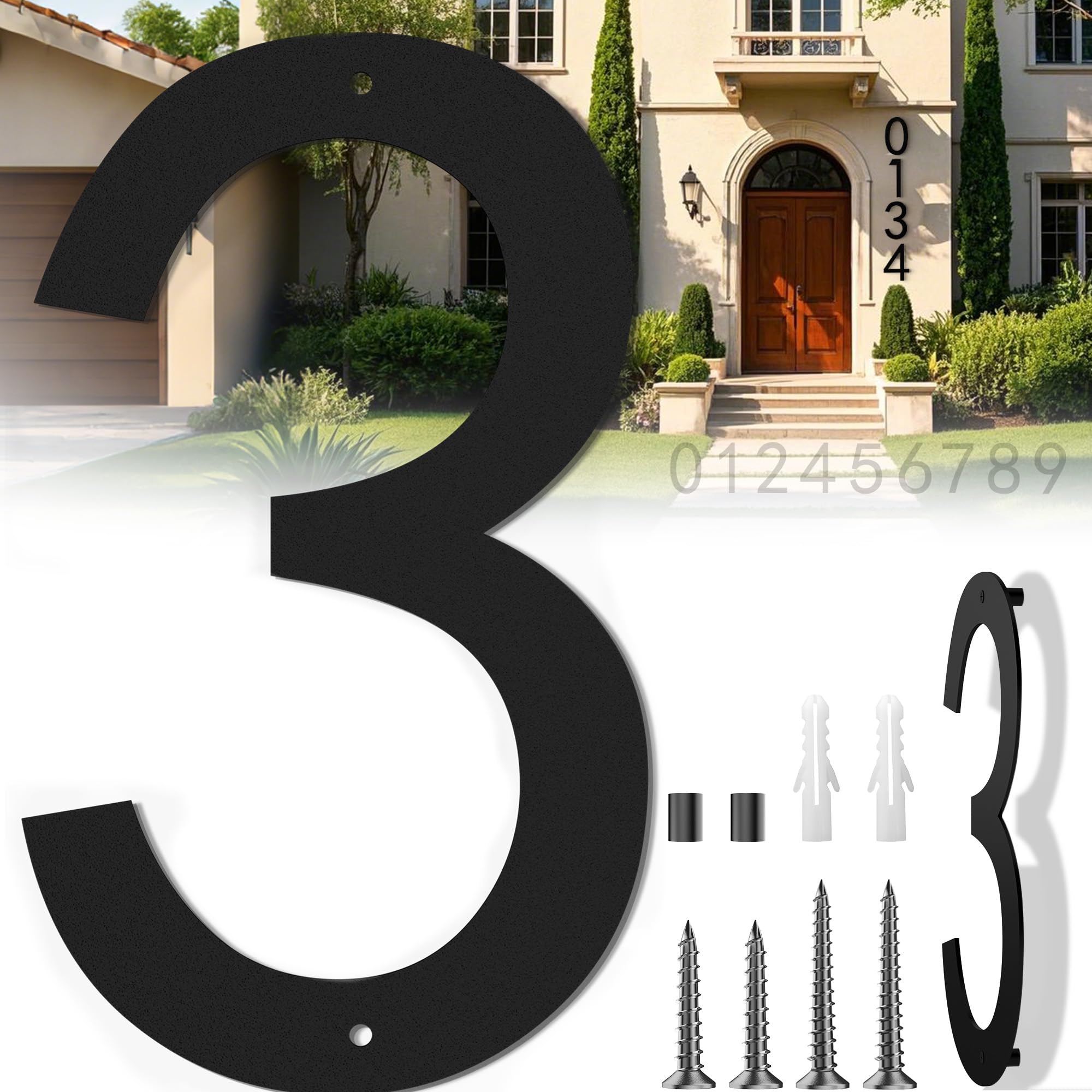 Photo 1 of 16 Inch Large Modern House Numbers for Outside, Big Address Numbers for House, Extra Large Floating House Numbers, Large Outdoor House Numbers, Matte Black Steel 16'' Address Number 3 (0123456789)