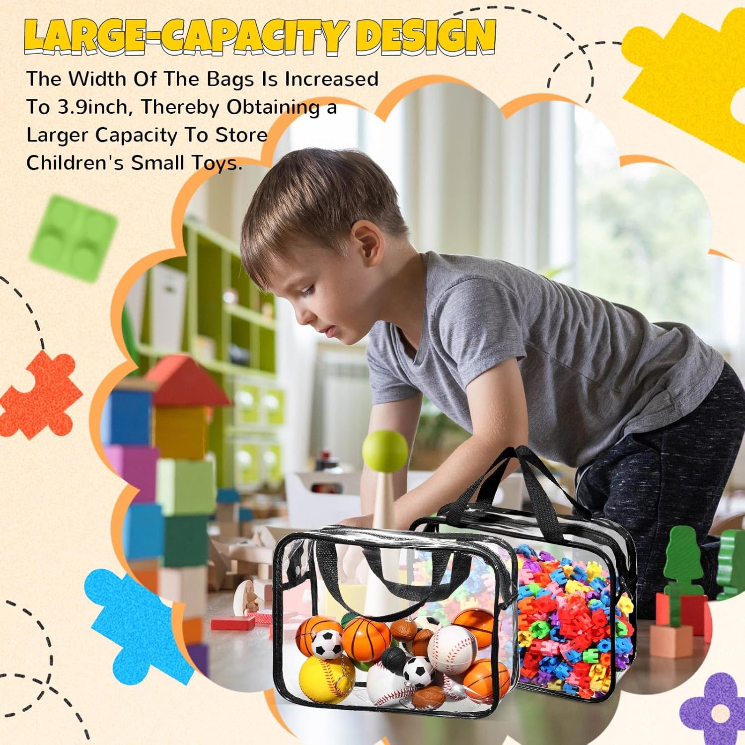 Sanwuta 4 Packs Large Toy Storage Bags Reusable Clear PVC Organizing Case Bags with Two Handles Waterproof Toy Container for Board Games, Building Blocks, Puzzles, Small Toys and Kids Books(Black)