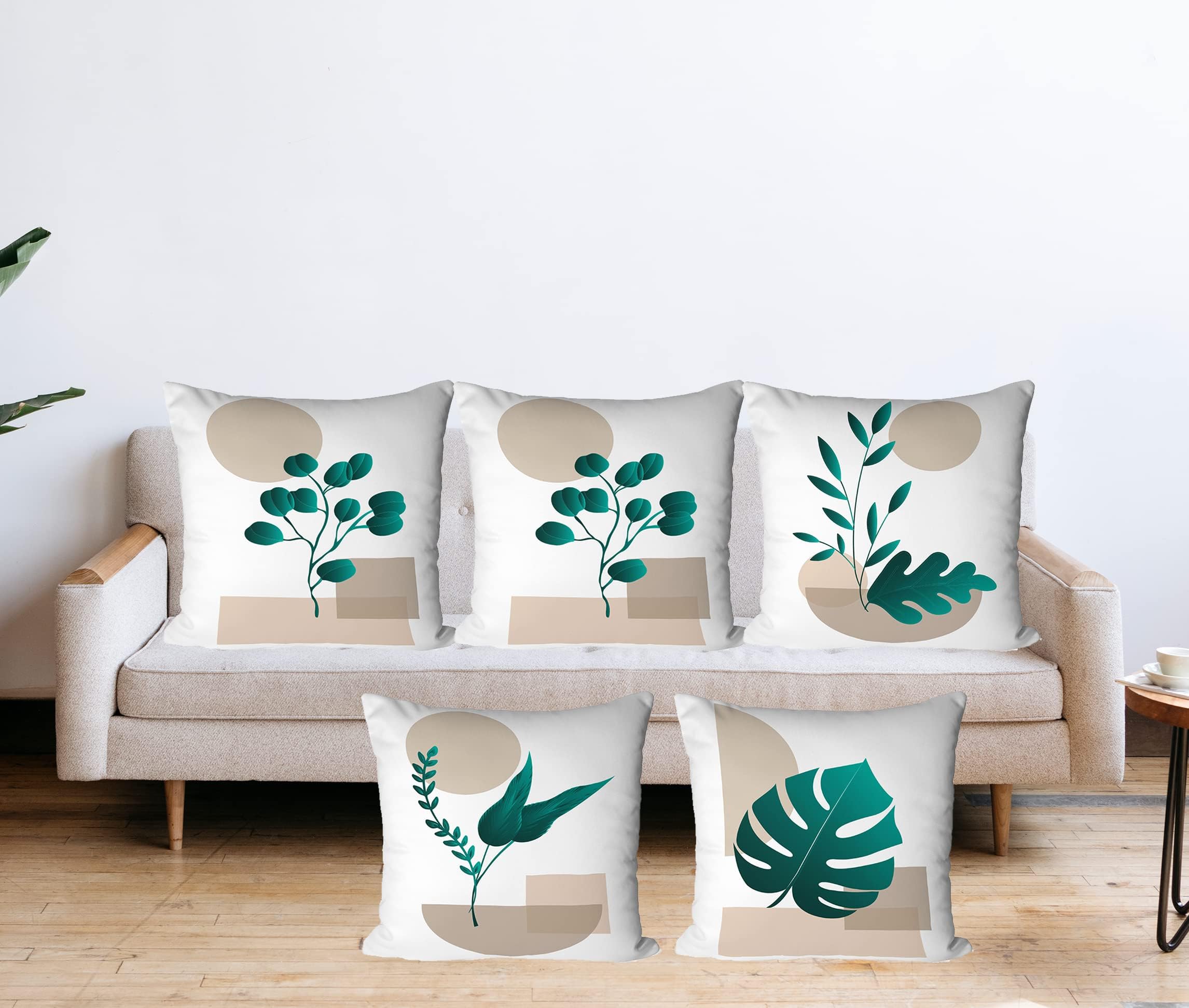 NH10 DESIGNS Printed Jute Cushion Cover 12x12inch (30x30cm) Front Side Leaves Design Print & Back Dupion Silk Beige Home Decorative Throw Pillow Cushion Cover For Sofa, Bed, Couches, Living Room, Diwali Gift (Set of 5) {Only Cushion Cover, Filler/Pillow Not included} HFJT12inBEGCVRPK5 11