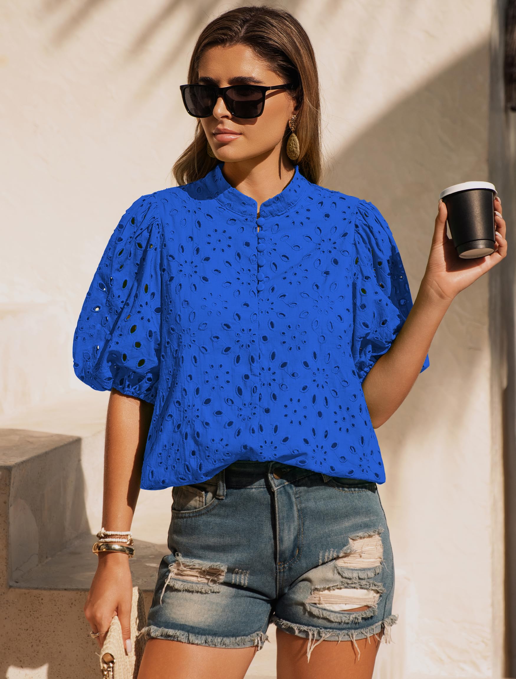 Blusas de verano con ojales para mujer, manga corta, botones, cuello en V, elegantes, informales, con encaje bordado
