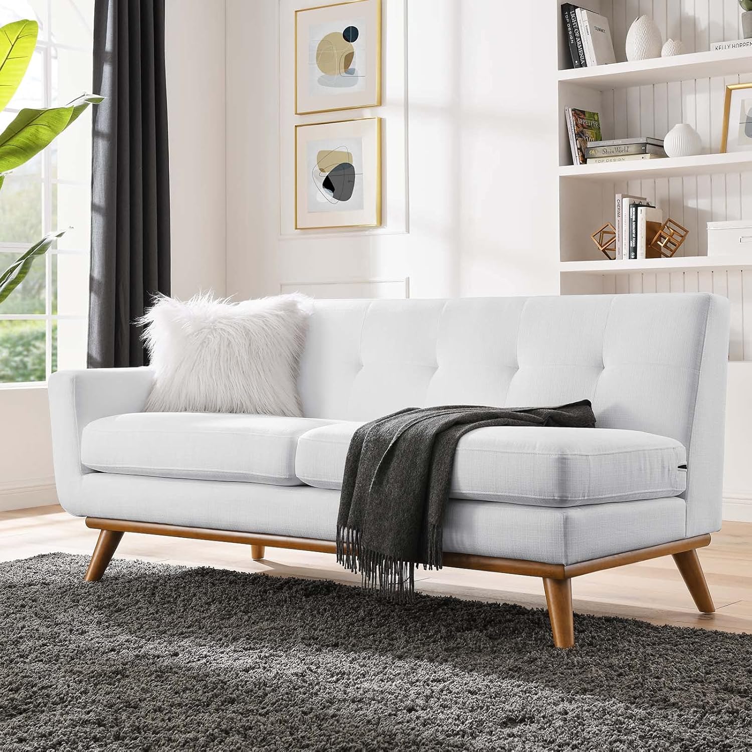 Modway Engage Mid-Century Modern Upholstered Fabric Left-Arm Loveseat in White