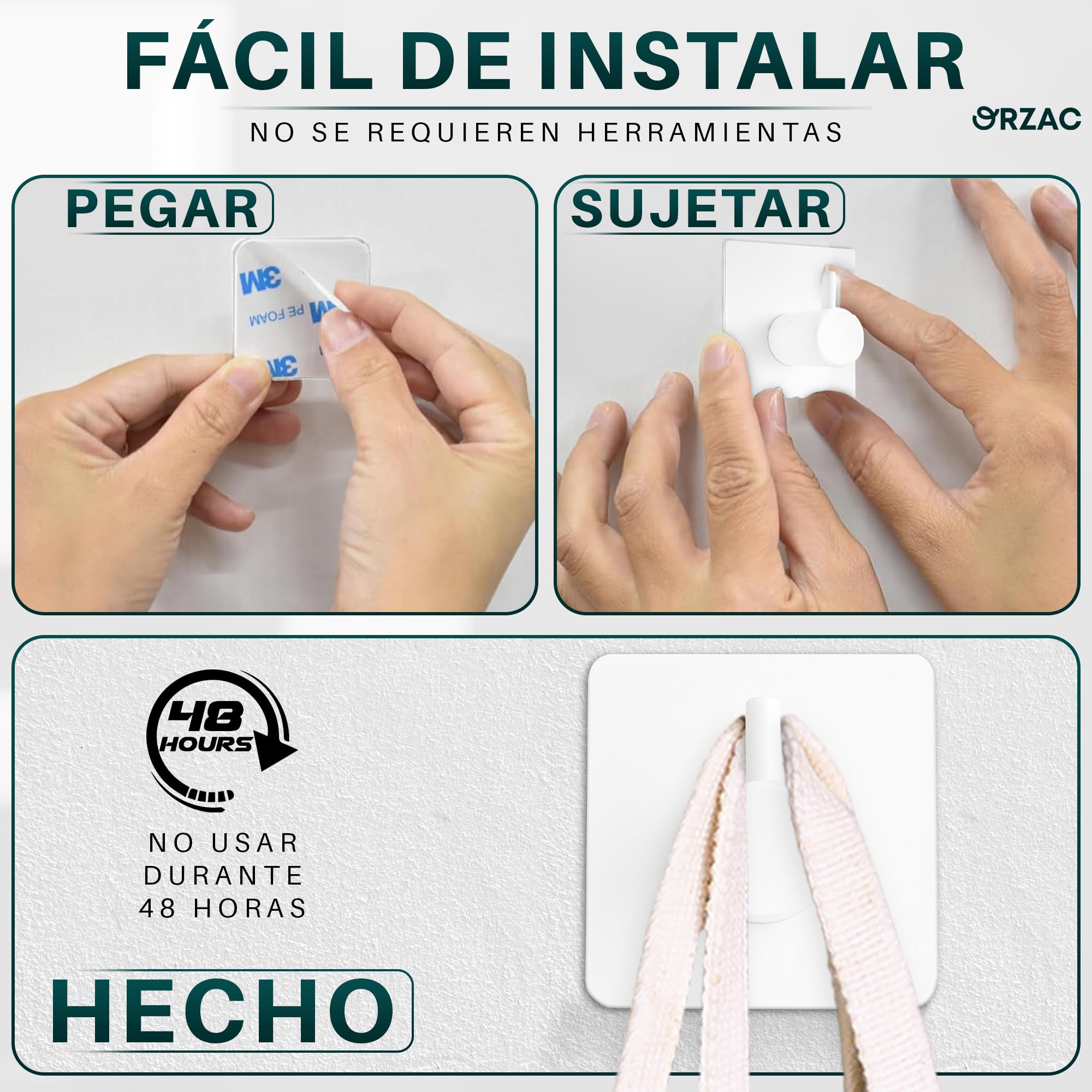 Ganchos Adhesivos para Pared Sin Taladro, Pack 6, Resistentes para Baño y Cocina, Blanco