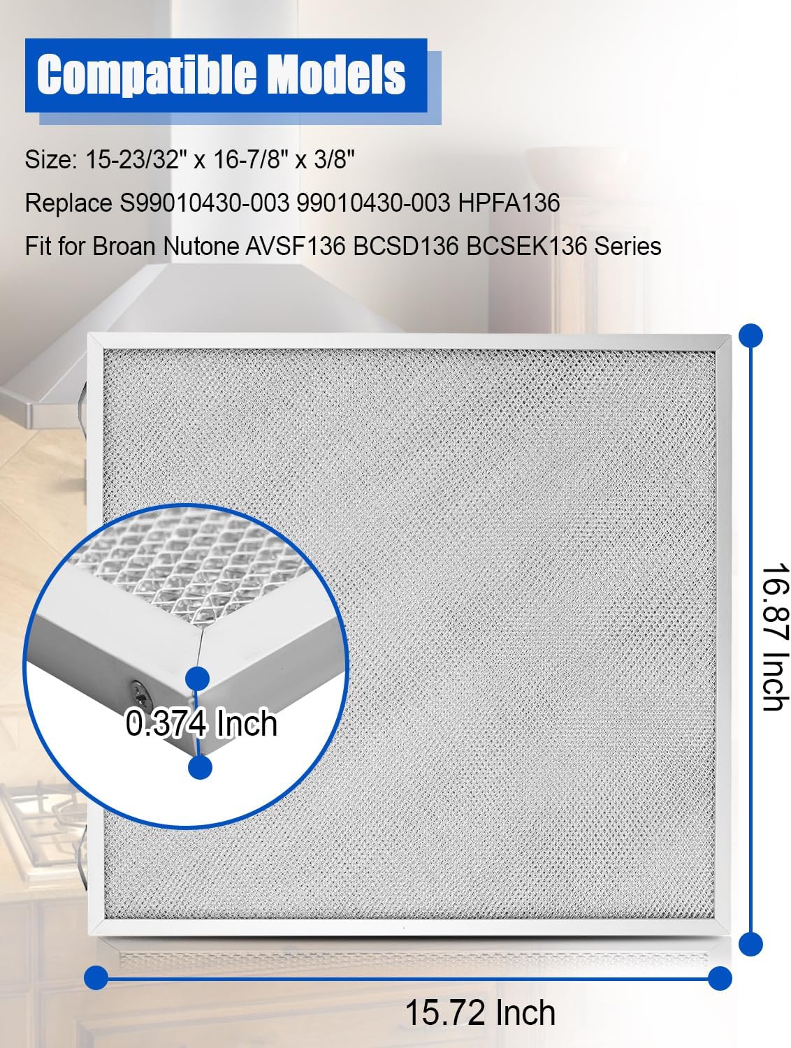 2 Pcs Grease Range Hood Filter Replacement Replace S99010430-003 99010430-003 HPFA136 Fit for Broan Nutone AVSF136 BCSD136 BCSEK136 Series, 15-23/32" x 16-7/8" x 3/8"