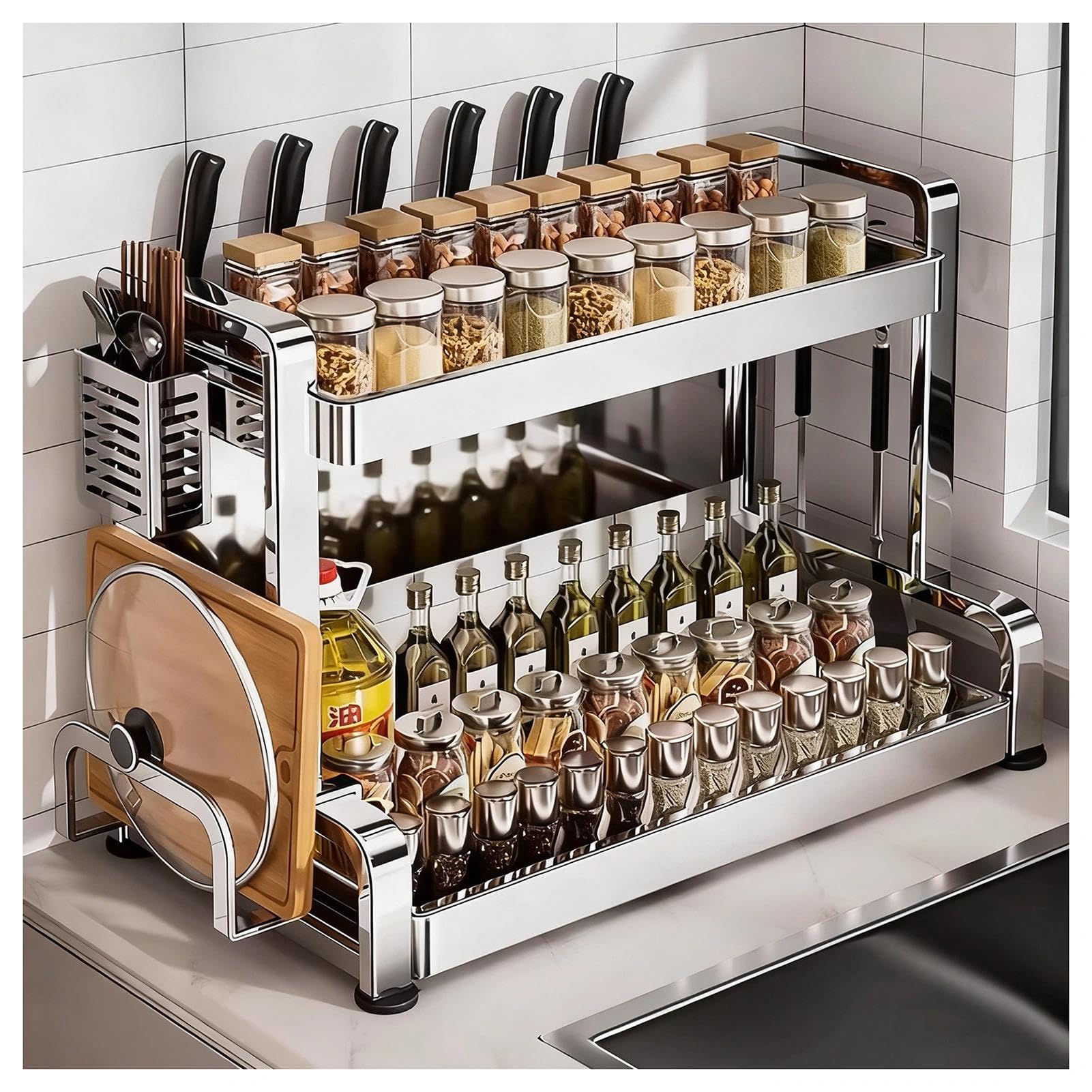 TIANQIHAO Stainless Steel Spice Rack With Hooks And Knife Holder,Metal Storage For Office And Living Room,2 Tier-15.7in
