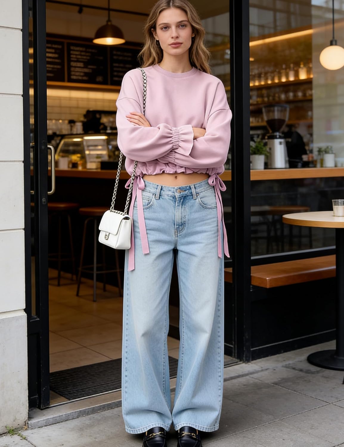 Women's Long Puff Sleeve Sweatshirt Drawstring Hem Crewneck Pullover Loose Solid Casual Tops - Image 7