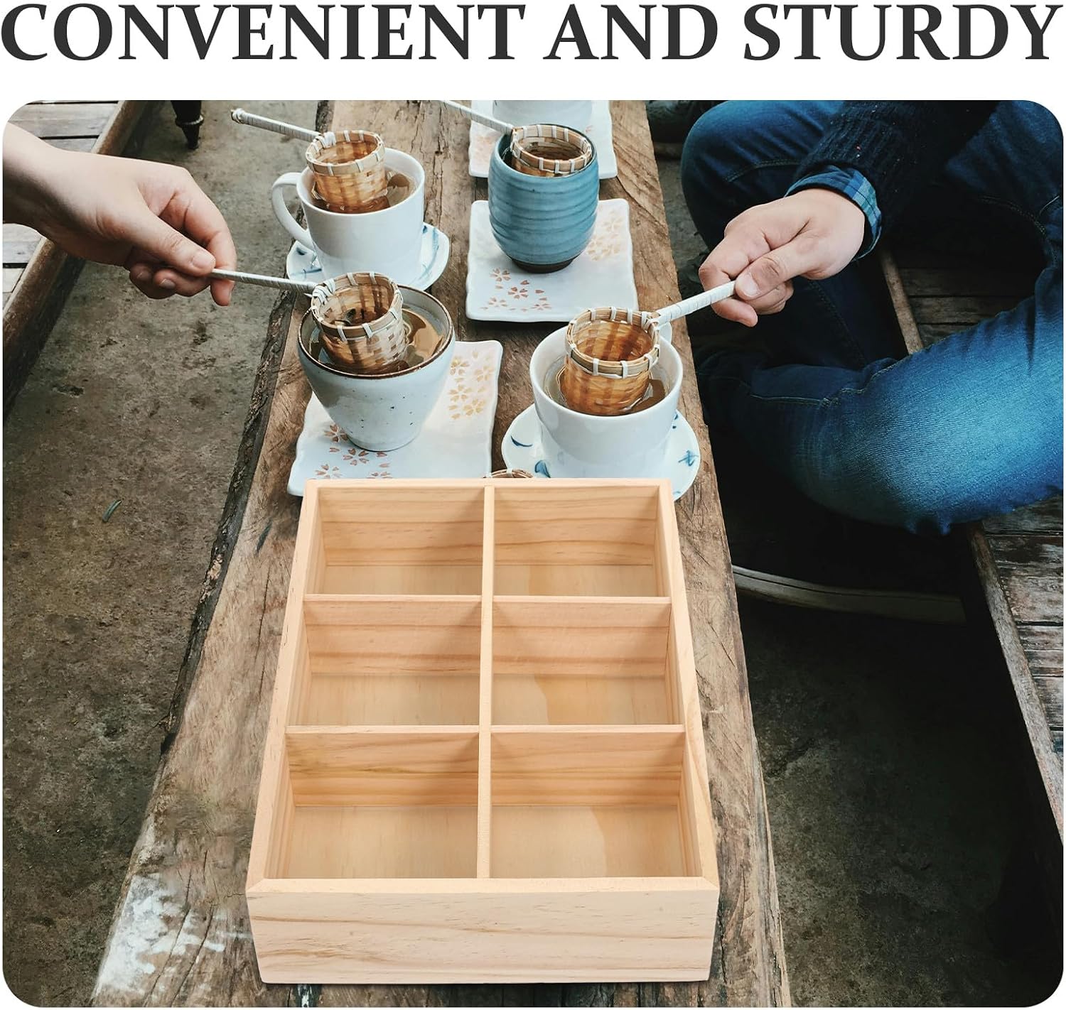 Wooden Tea Bag Organizer Box with 6 Compartments, Natural Wood Storage Tray for Coffee Bar and Kitchen Countertop, Small Tea and Sugar Packet Holder for Home Use