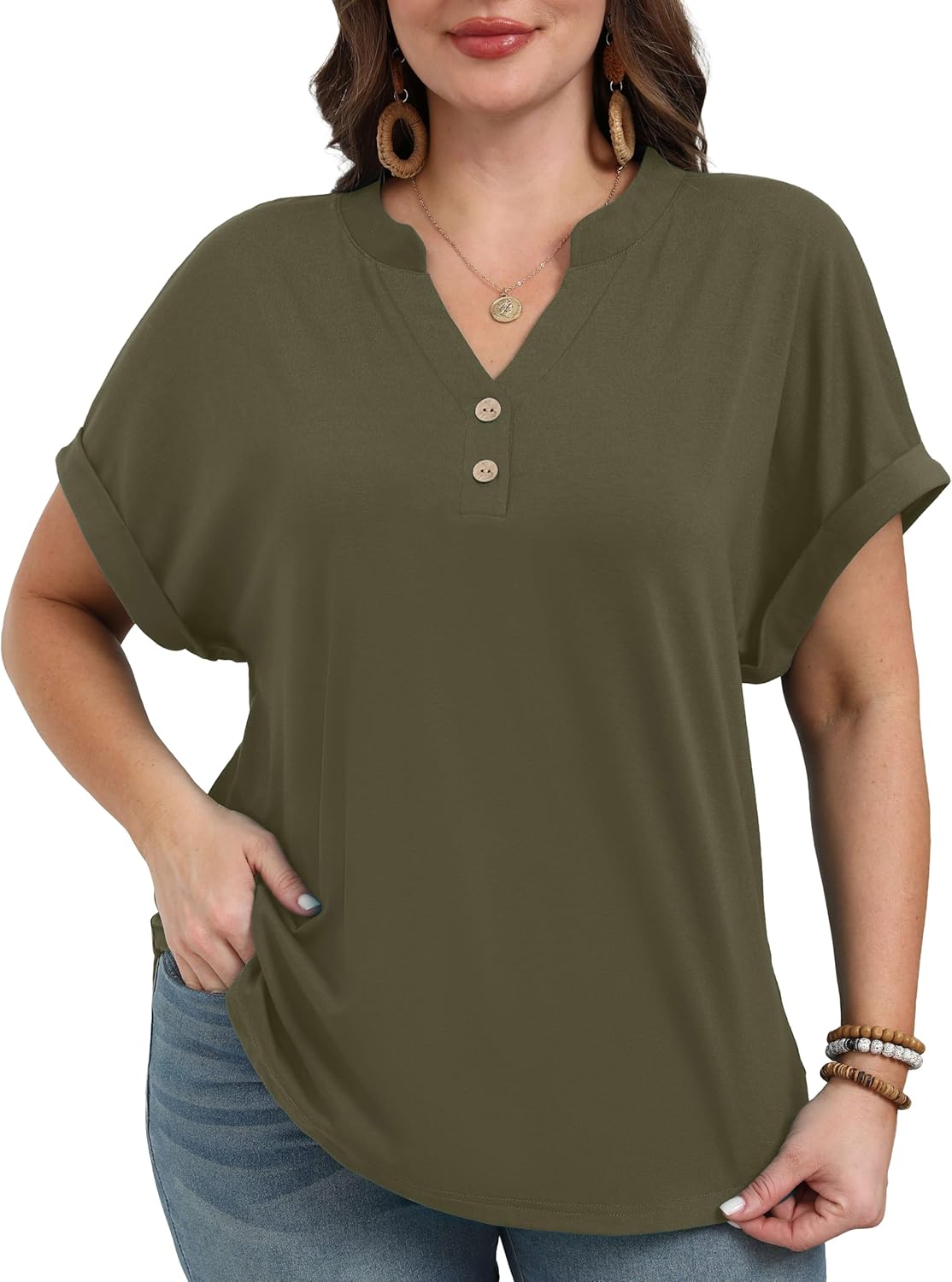 OLRIK Womens Plus Size Tops Short Sleeve Henley Tops V Neck Dressy Casual Blouses Summer Vacation Fashion Shirts 2026