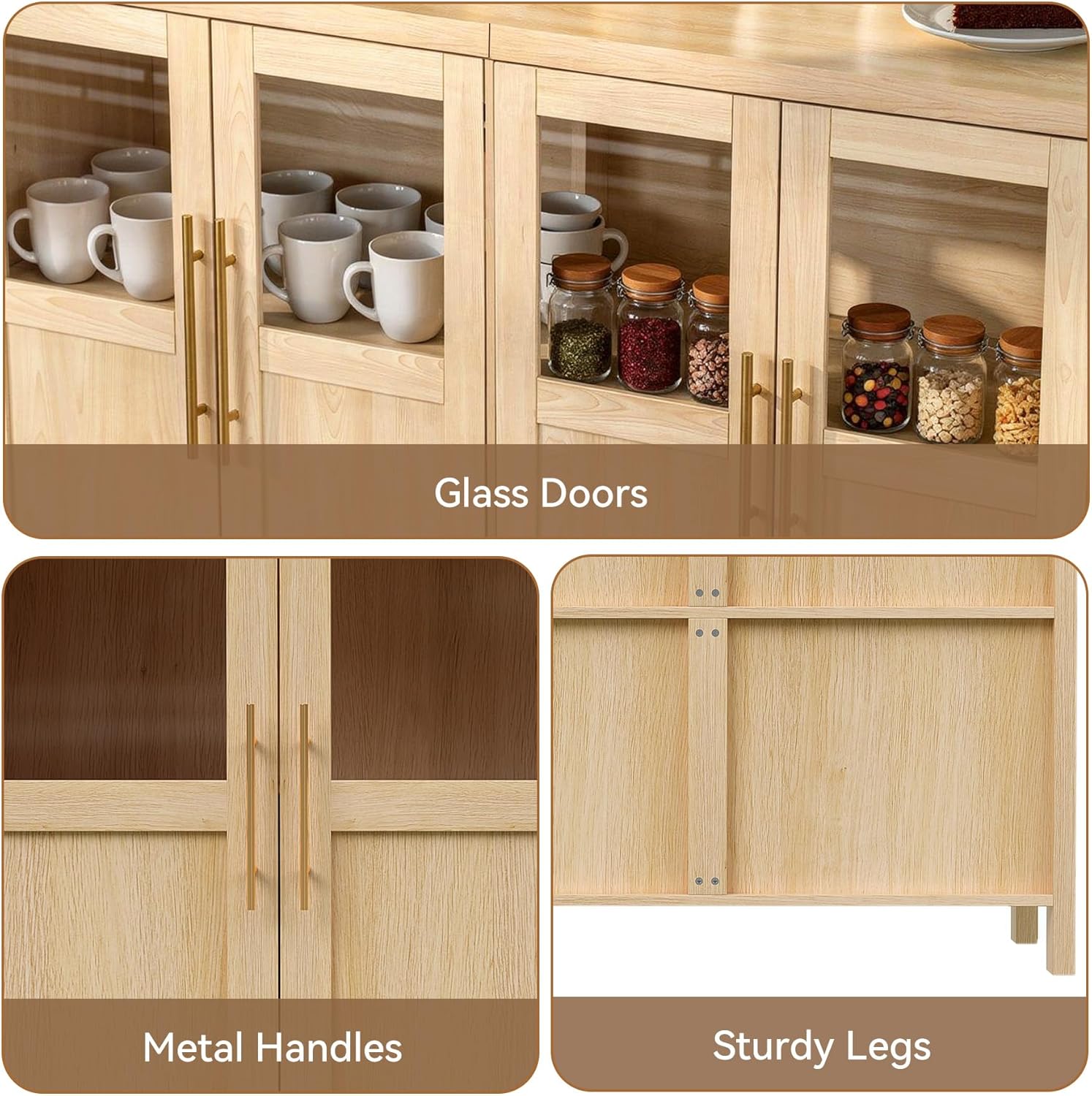 55" Sideboard Cabinet with Glass Doors, Large Buffet Cabinet with Storage and Shelves, Modern Accent Console Table for Dining Room Living Room Entryway (Natural)