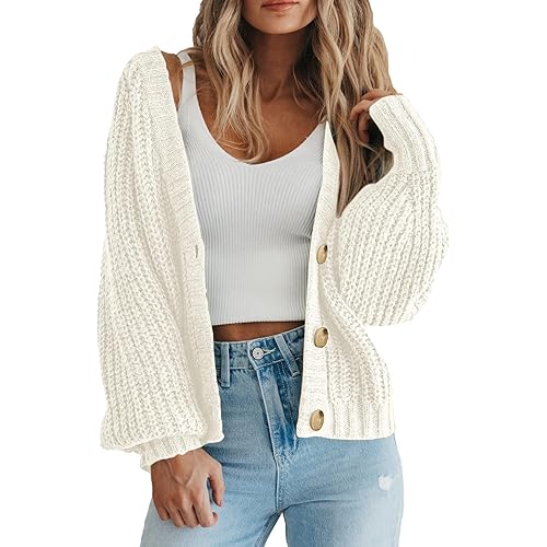 PRETTYGARDEN Women's Chunky Knit Open Front Sweater Long Sleeve Button Loose Short Cardigan Outerwear Coats