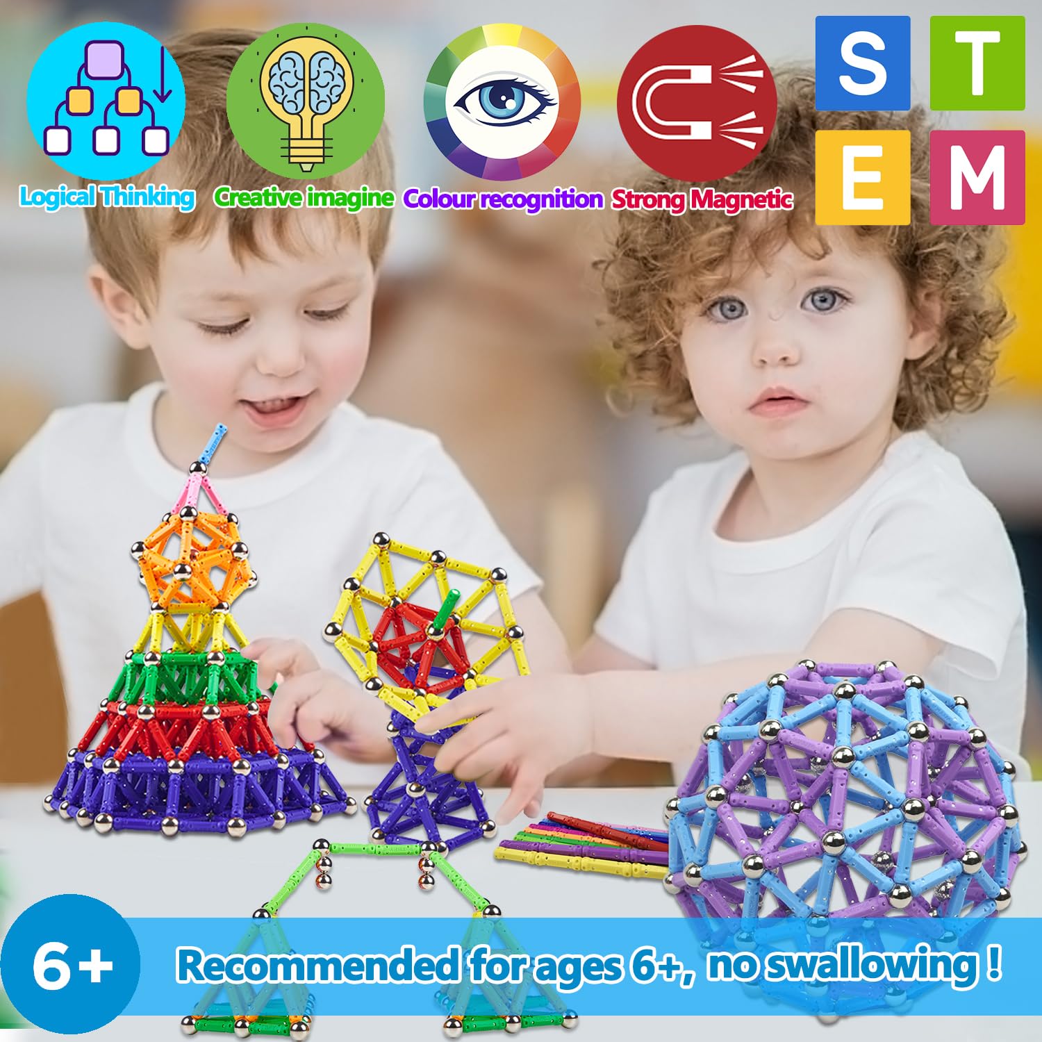 Jokooan Blocchi magnetici, 220 pezzi, bastoncini magnetici, giocattoli da costruzione, giocattoli da costruzione STEM Montessori, giocattolo educativo e cervello, set per bambini