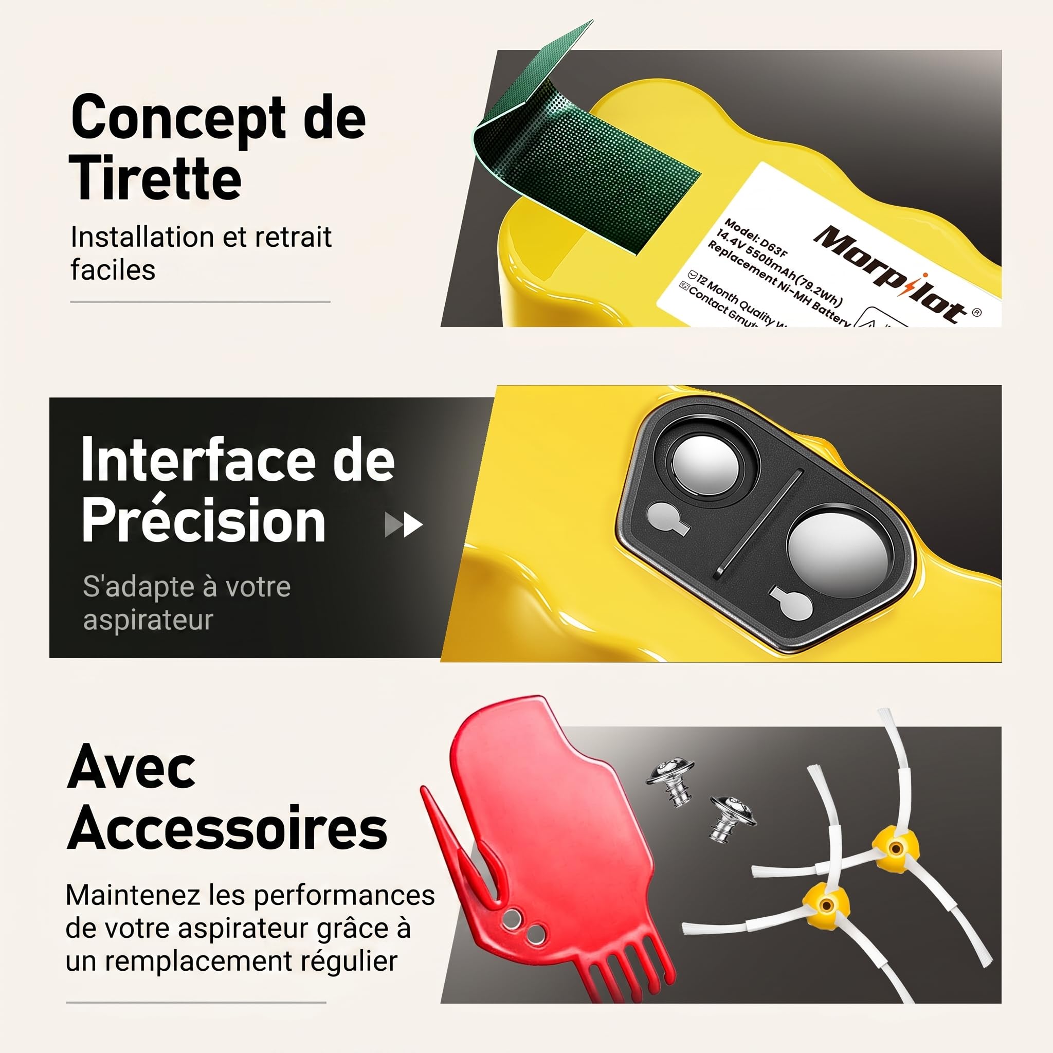 Morpilot 5500mAh Batterie pour iRobot Roomba 500 600 700 800 Séries et R3, Scooba 450 Aspirateur, 14.4V Ni-MH, avec 2 Brosses Latérales
