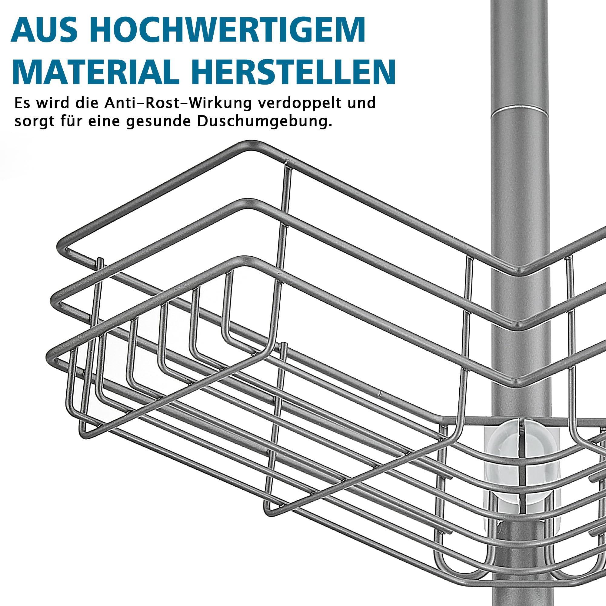Duschablage ohne Bohren Teleskop Duschregal Metall Eckregal Badregal mit 4 Duschkörben, Höhenverstellbar 85-325cm, geeignet für Badewanne Badezimmer und Küche, Grau