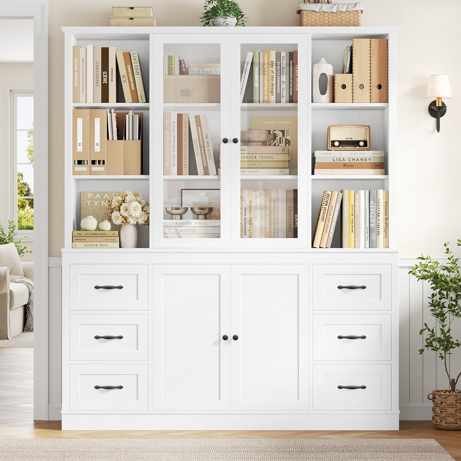 HIFIT 74.4''Hx63''W Large Pantry Cabinet for Food Storage, Kitchen Hutch Cabinet with Storage, Glass Doors Tall Wine Bar Cabinet, Large Bookcase with Drawers, White