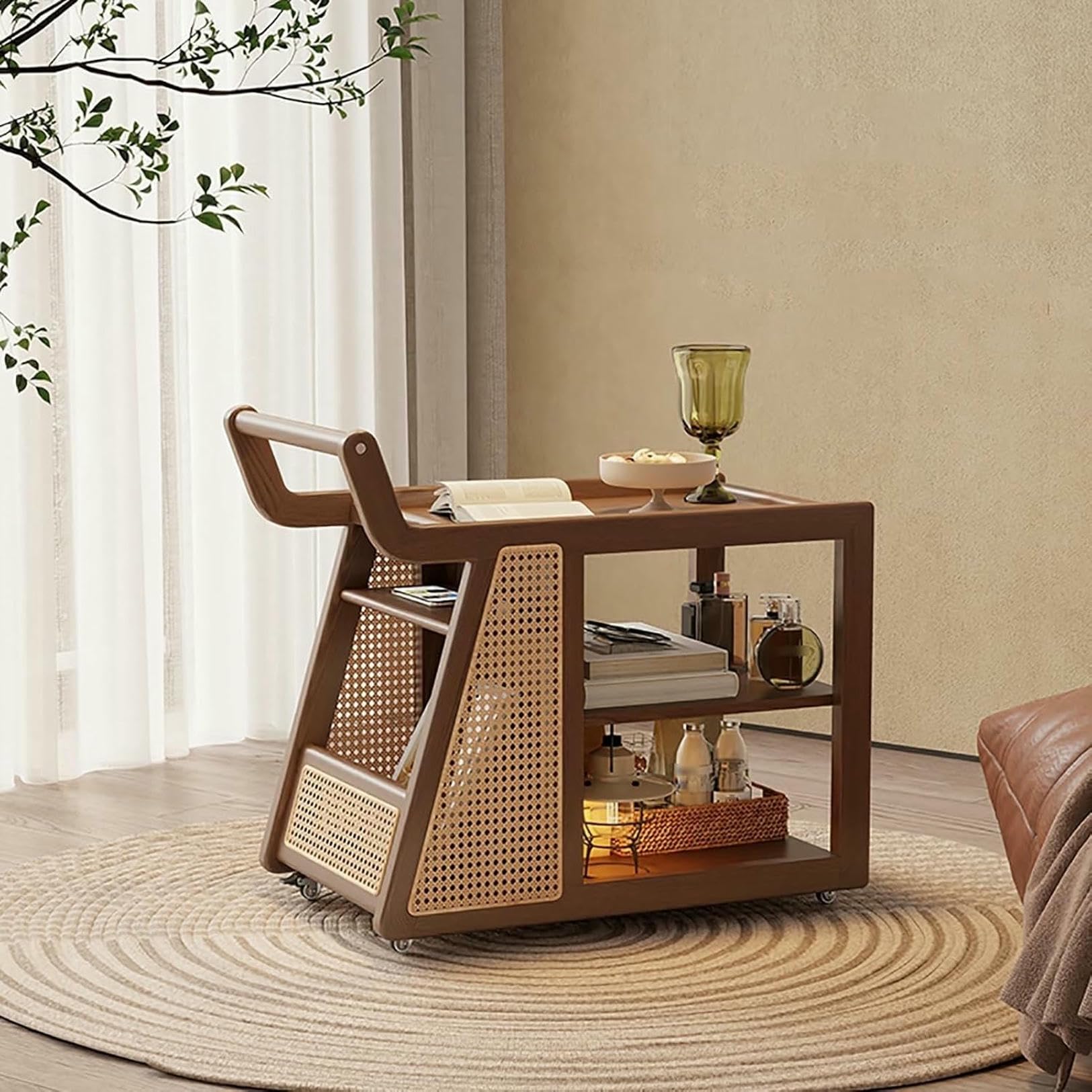 Eiwitany Wood Wheeled Storage Cart with Rattan, Durable Space-Saving Narrow End Side Table for Household Living Room (Brown)
