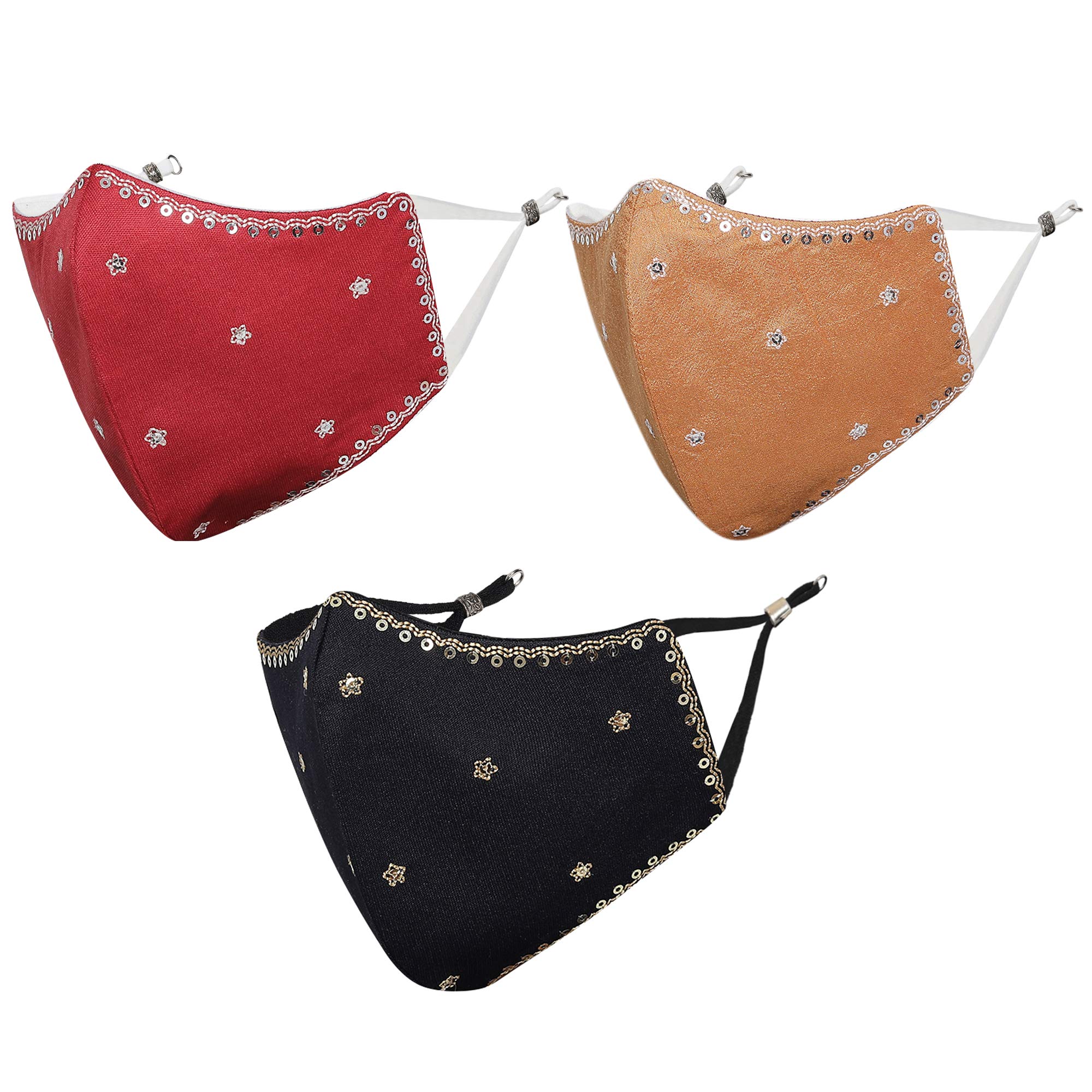 MASQ By Q-One Shubh 4 Layer, Reusable, with Ear Adjusters, Anti-Bacterial (BFE>99%) Embroidered Cotton Cloth Face Mask Combo for Women, Girls (Medium, Black-Red-Gold, Pack of 3) (B08XQ9RZKV) Amazon Price History, Amazon Price Tracker