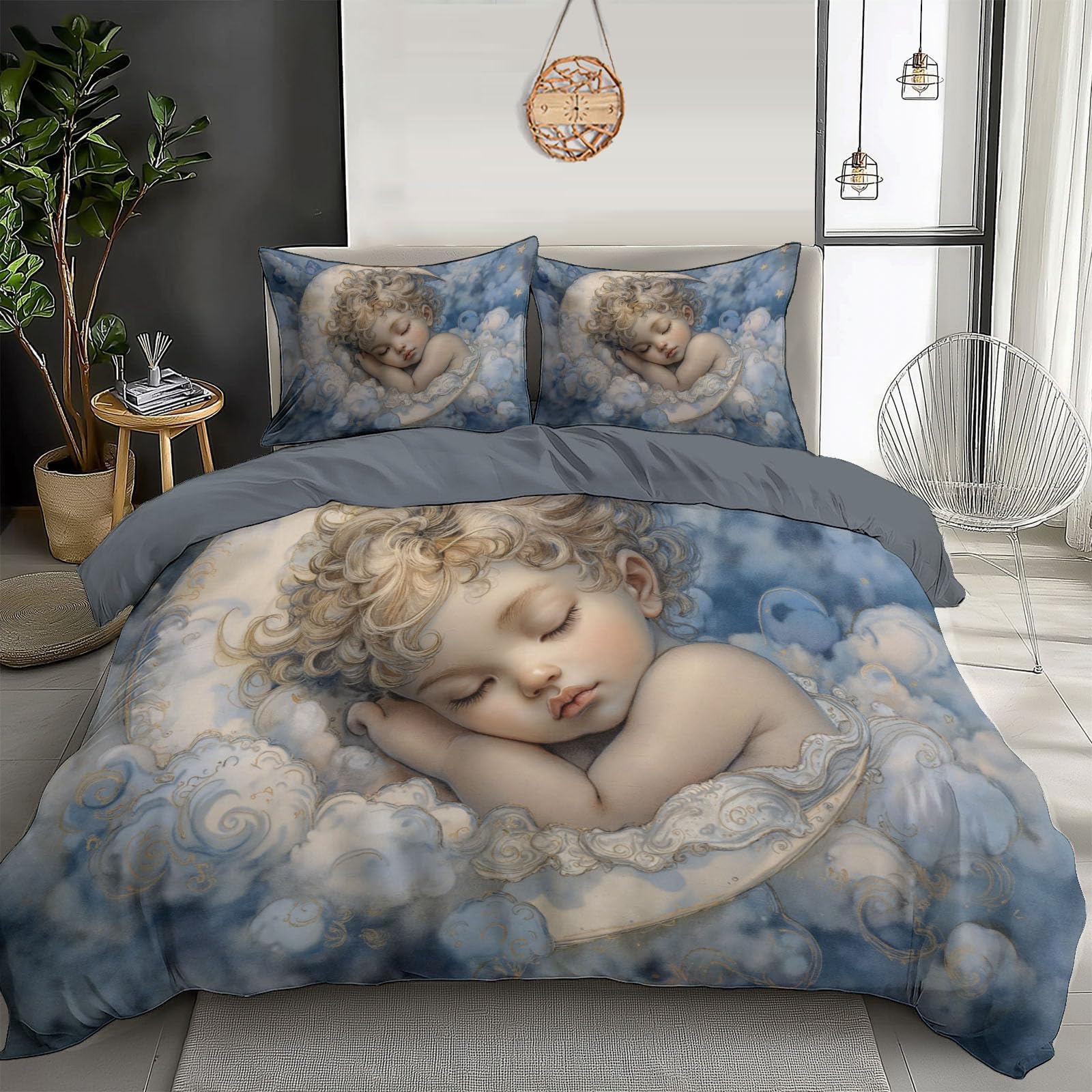 Housse de couette 140x200cm lune nuages bleu ciel réversible parure de lit enfant