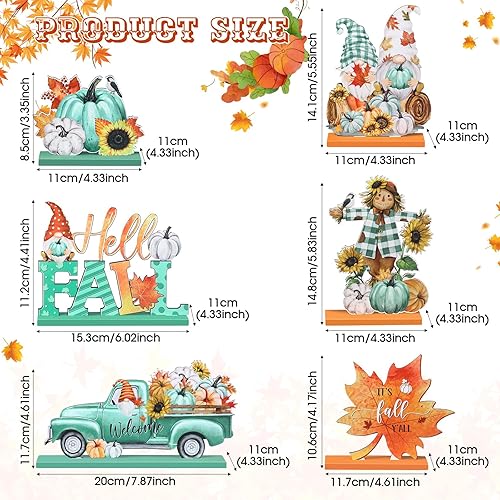 Miniatura 2 de Soaoo 6 piezas de decoración de mesa de otoño de madera para Acción de Gracias, gnomos de calabaza, camión, espantapájaros, centros de mesa para
