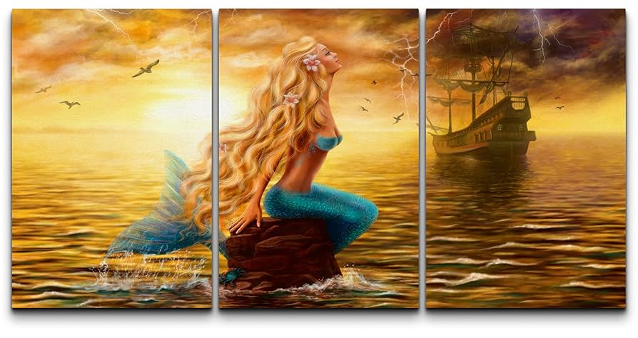 絵画　人魚 Amazon.co.jp: wall26 人魚と幽霊船 夕暮れ付き キャンバス