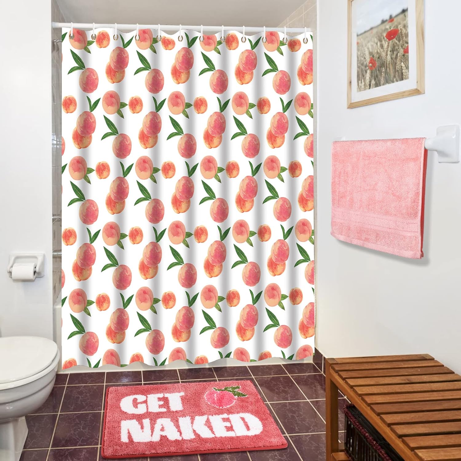 Irenare Peach Bathroom Shower Curtain Rugs Towel Set, 3