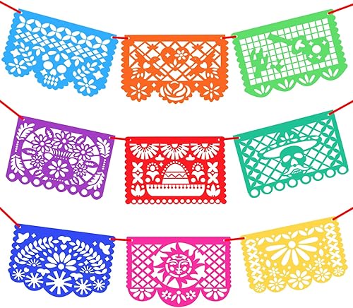 Novelty Place Pancartas de fiesta mexicana de 15 pies 9 unidades pancarta de papel picado de fieltro decoraciones de fiesta mexicana para Día de los