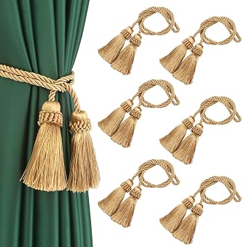 Curtain Tiebacks Handmade Decorative Curtain Holdbacks Rope with Tassel Gold, 6P