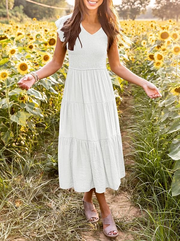 MEROKEETY Women's 2024 Summer Smocked V Neck Tiered Swing Long Midi Dress with Pockets, White, S by MEROKEETY - Used condition - Image 2