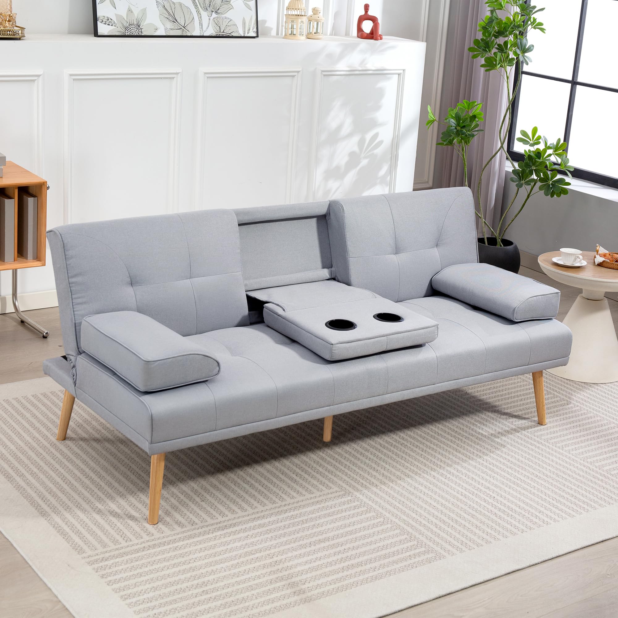 HOMCOM Sofá Cama 3 Plazas, Mesa Abatible con 2 Soportes para Vasos, 181x77x78 cm, Sofá Cama con Respaldo Ajustable, Apertura Clik-Clak, Reposabrazos Desmontables, Patas de Madera, Gris Claro