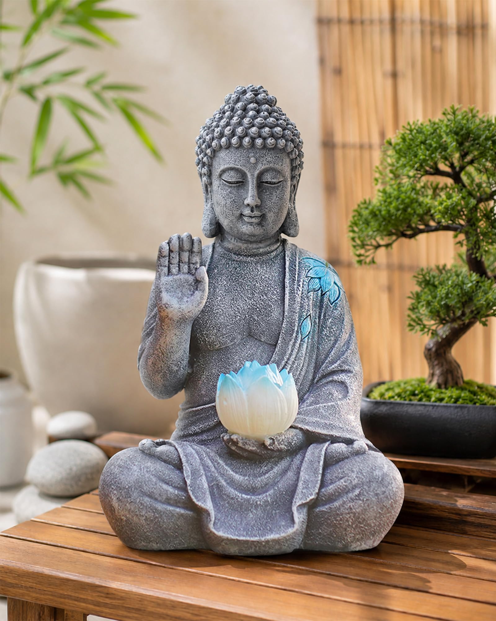 Yeomoo Statue de Bouddha avec LED solaire Lotus Décoration de jardin - Figurine de méditation résistante aux intempéries pour jardin Zen, salon Feng Shui, cadeau spirituel pour femmes, maman, hommes